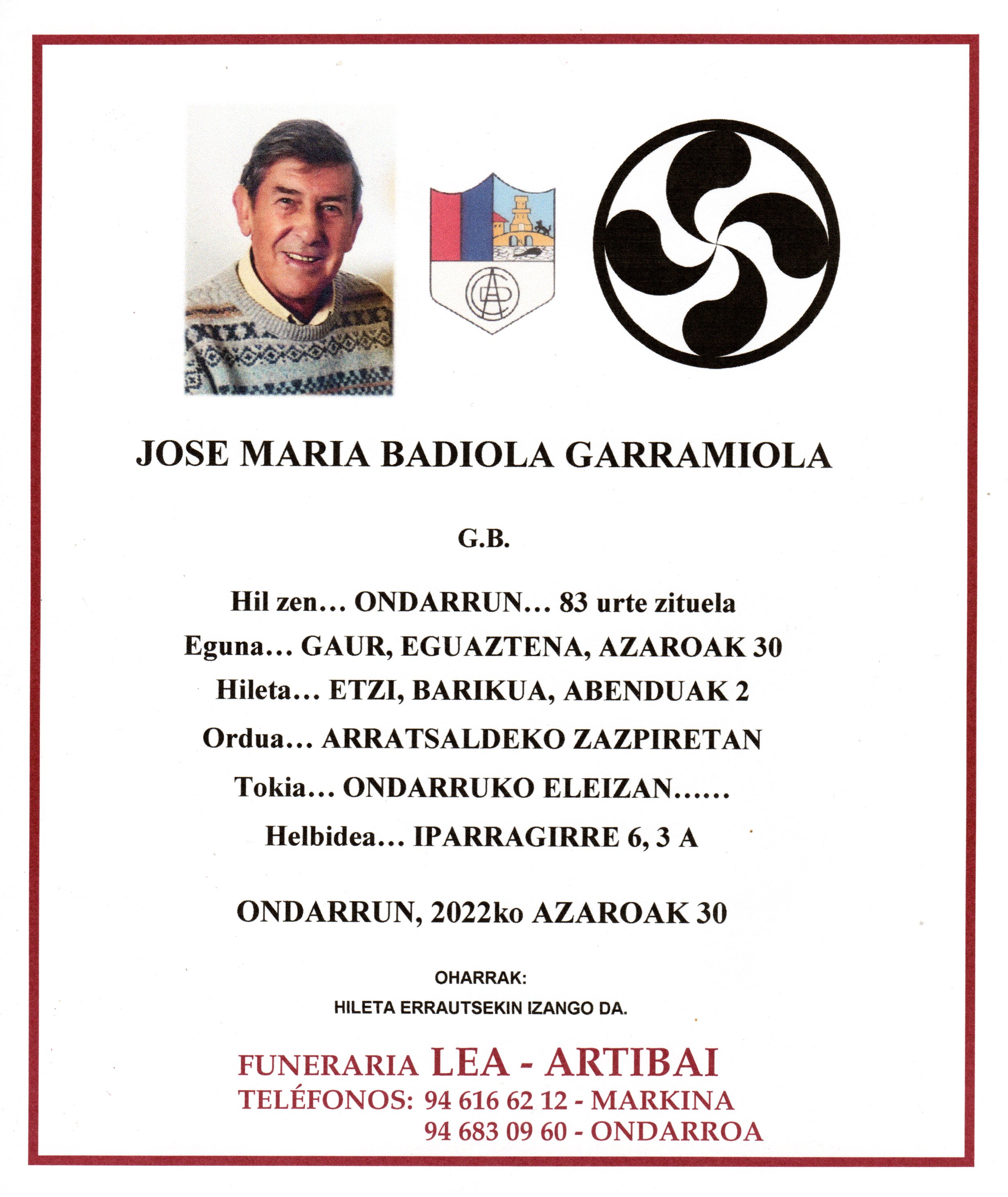 Esquela de Jose Maria Badiola Garramiola