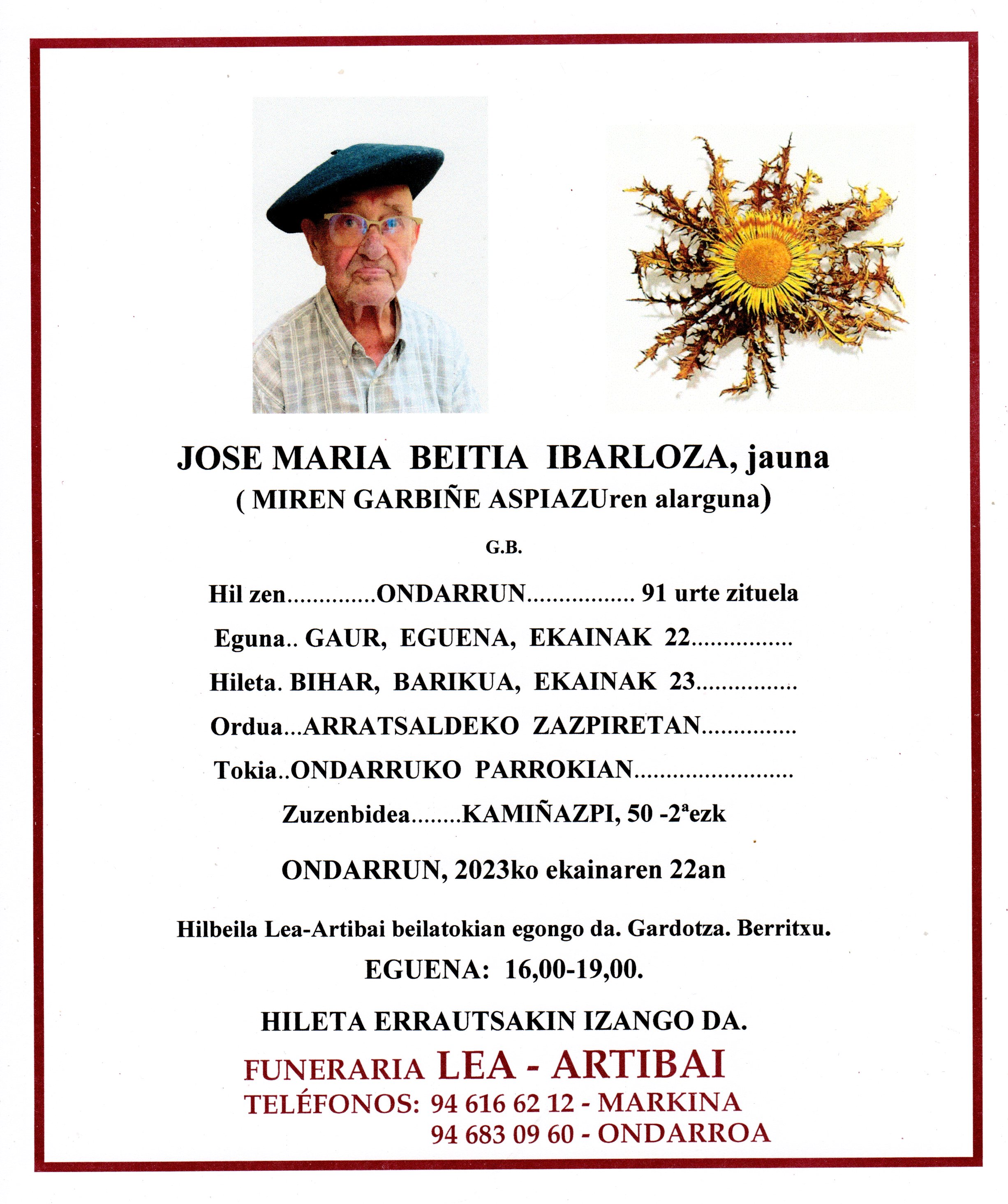 Esquela de Jose Maria Beitia Ibarloza