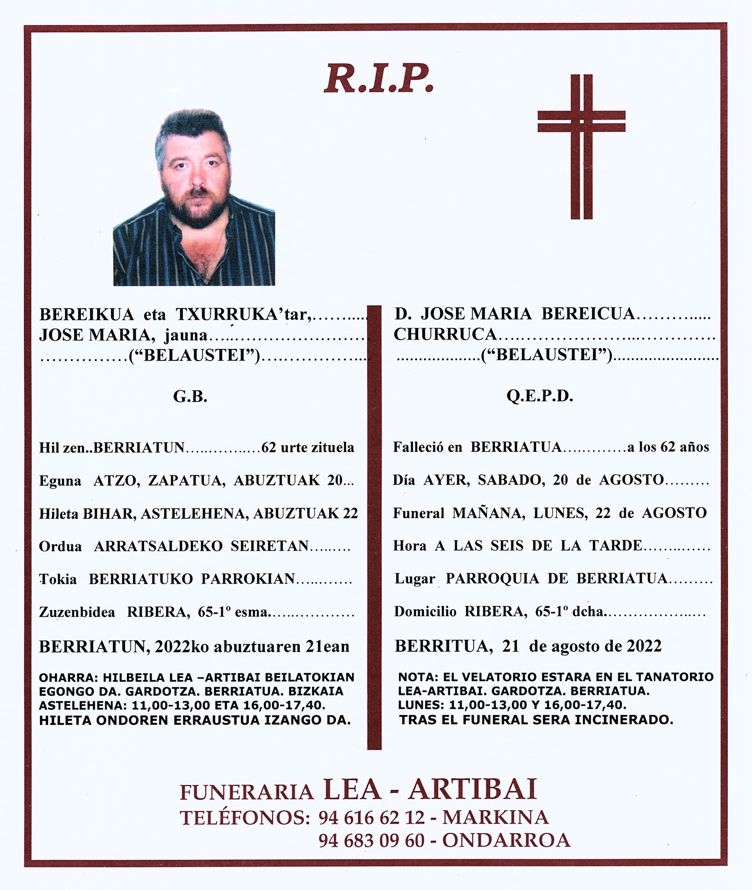 Esquela de Jose Maria Bereikua Txurruka