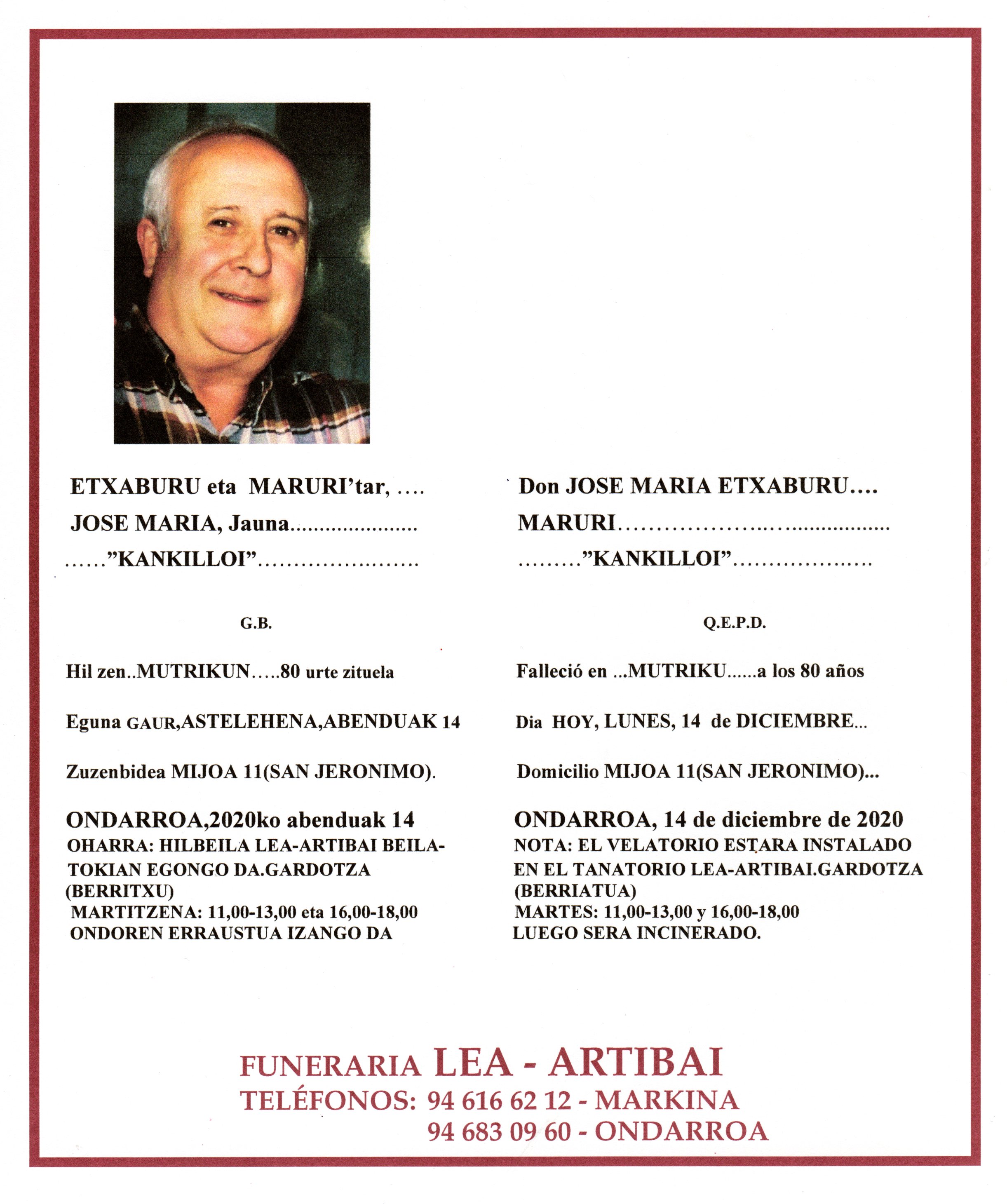 Esquela de Jose Maria Etxaburu Maruri