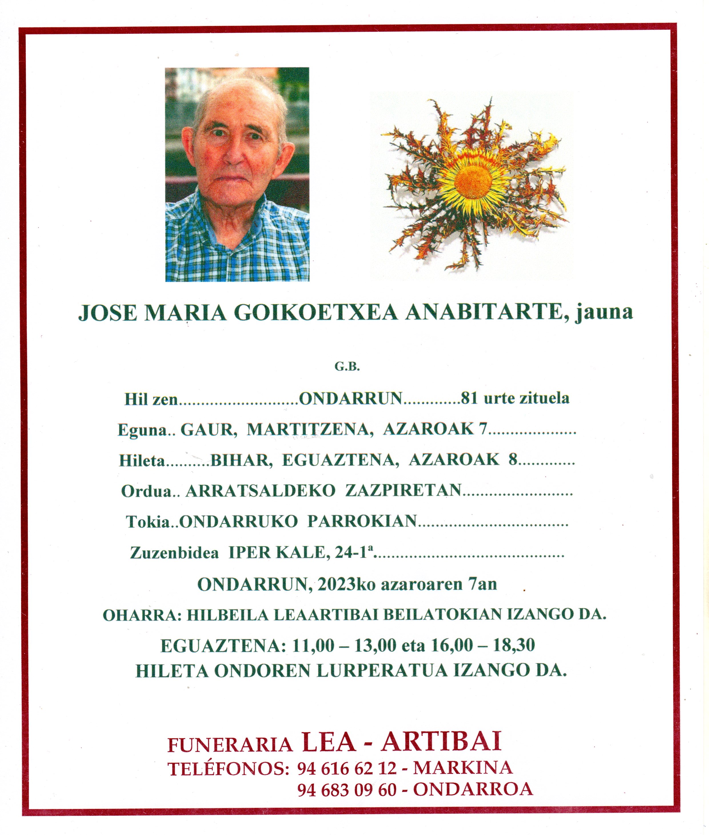 Esquela de Jose Maria Goikoetxea Anabitarte