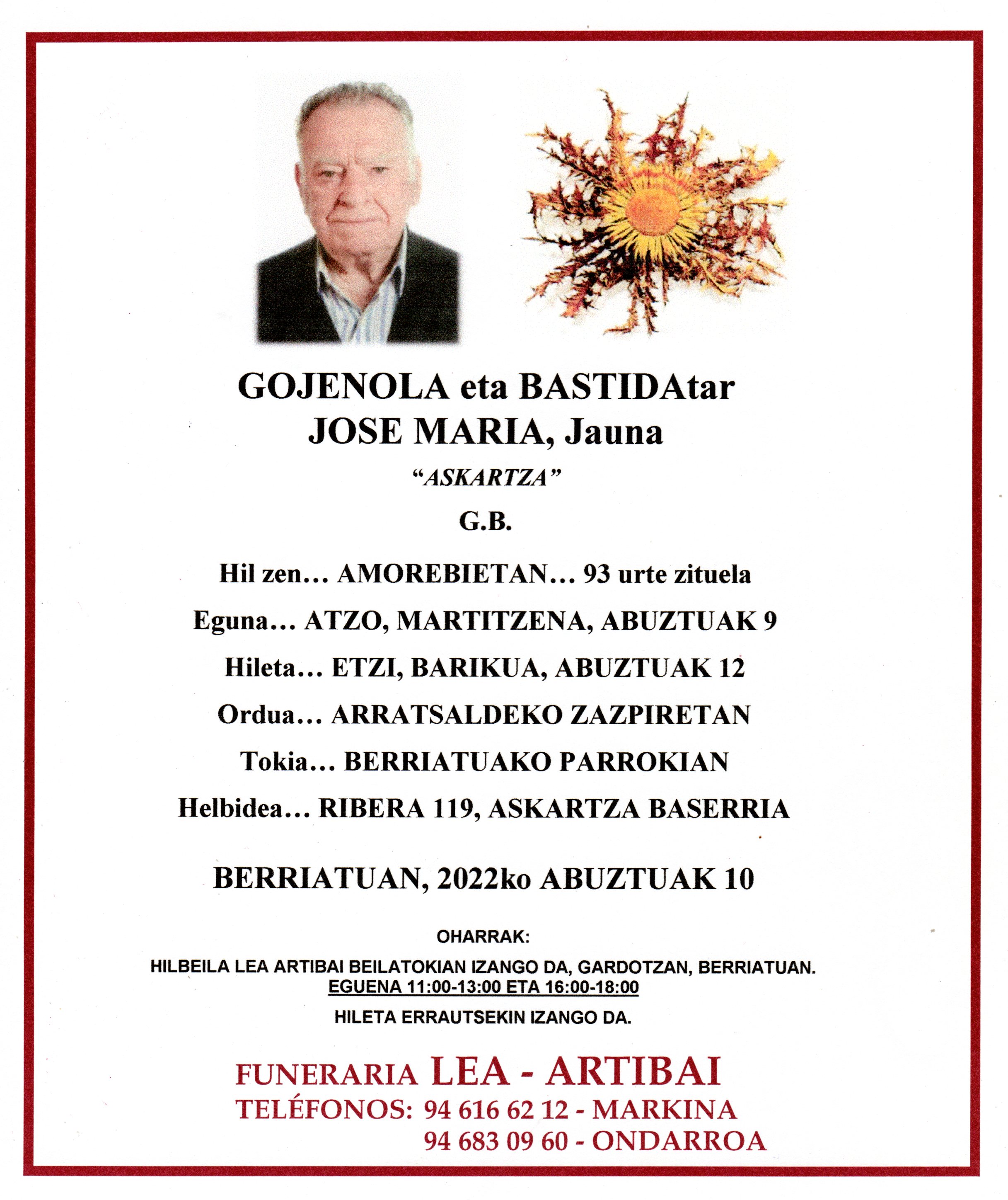 Esquela de Jose Maria Gojenola Bastida