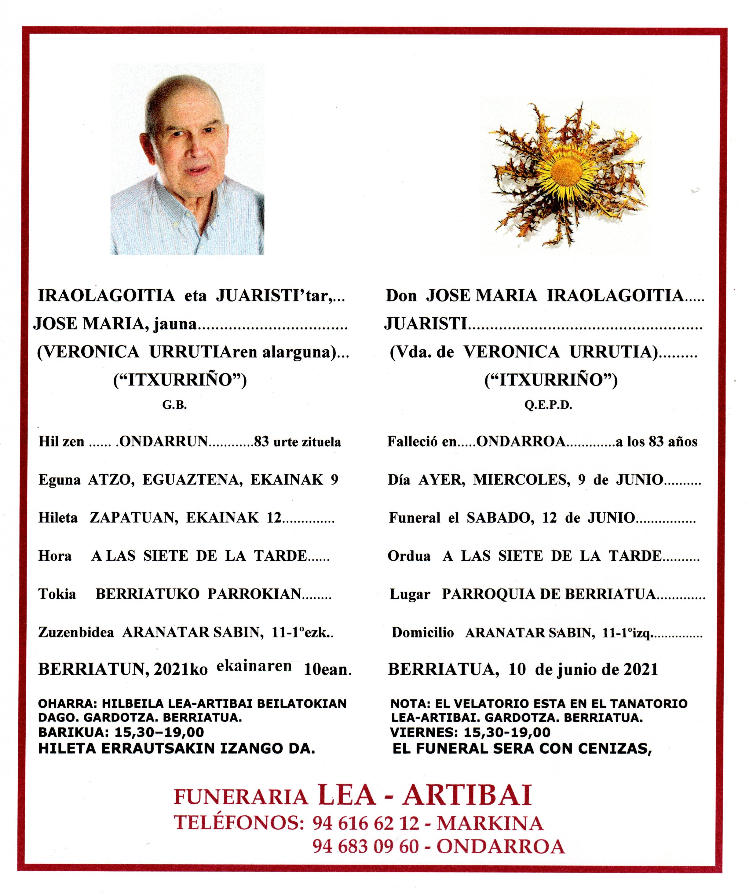 Esquela de Jose Maria Iraolagoitia Juaristi