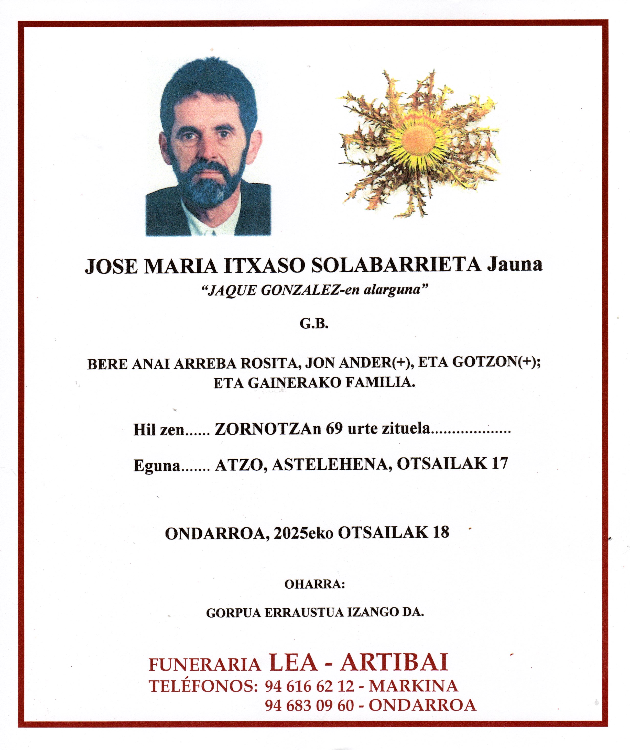 Esquela de Jose Maria Itxaso Solabarrieta