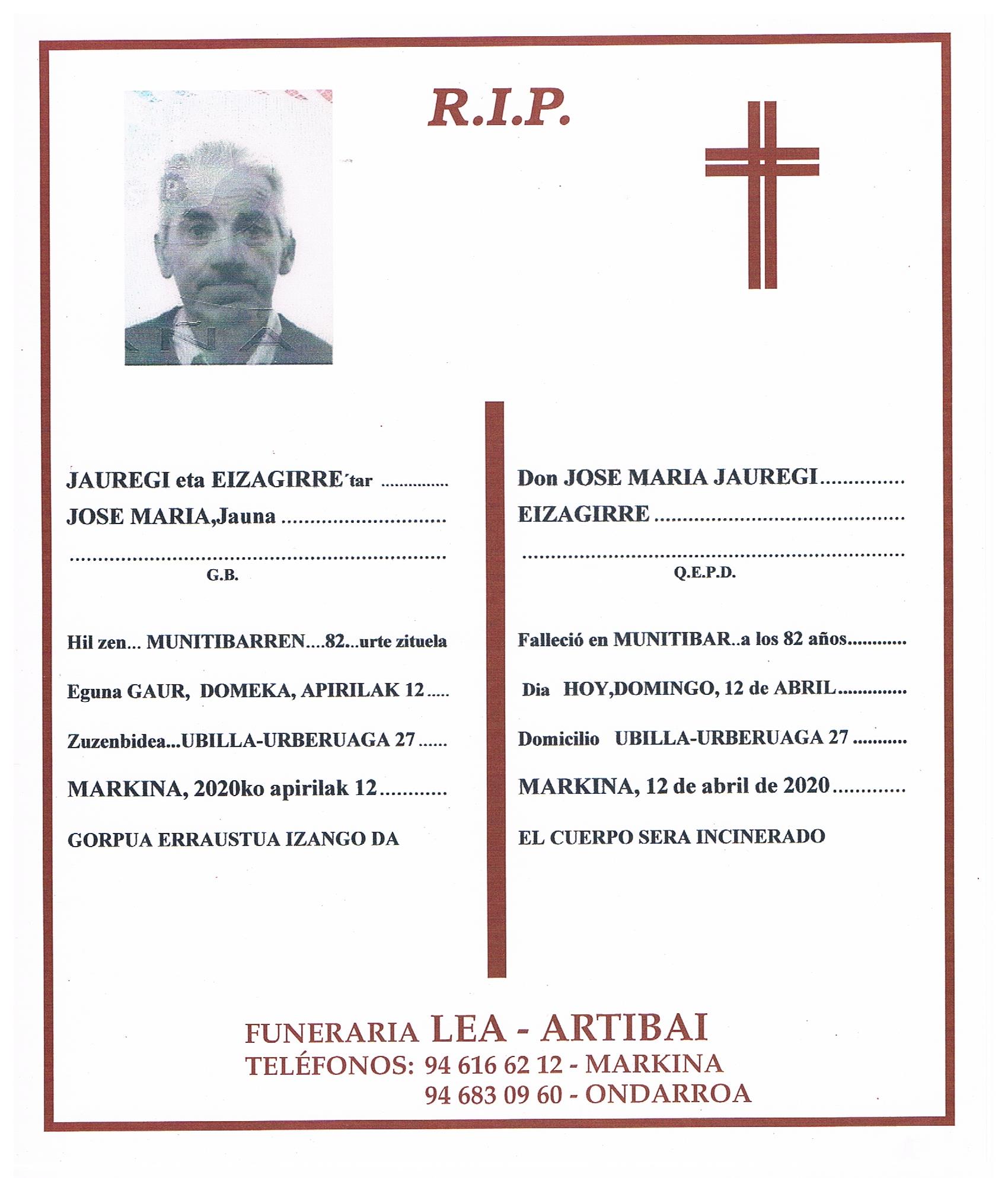 Esquela de Jose Maria Jauregi Eizagirre