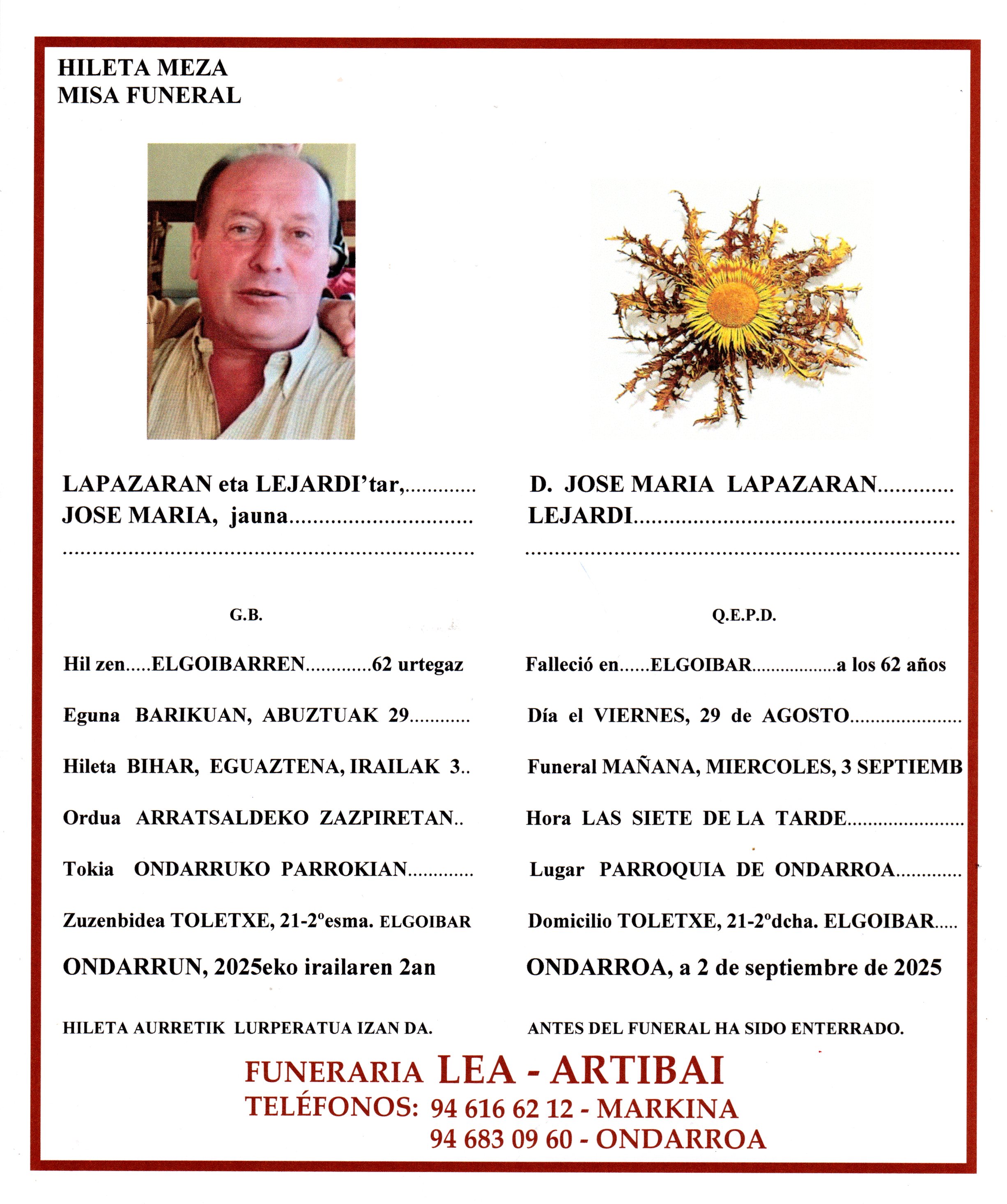 Esquela de Jose Maria Lapazaran Lejardi