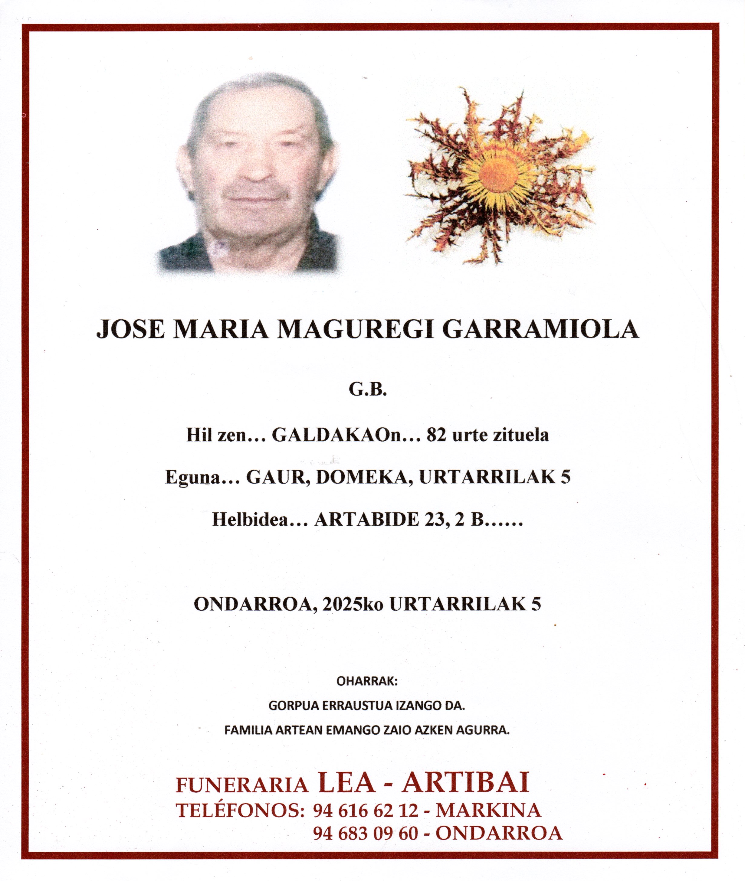 Esquela de Jose Maria Maguregi Garramiola