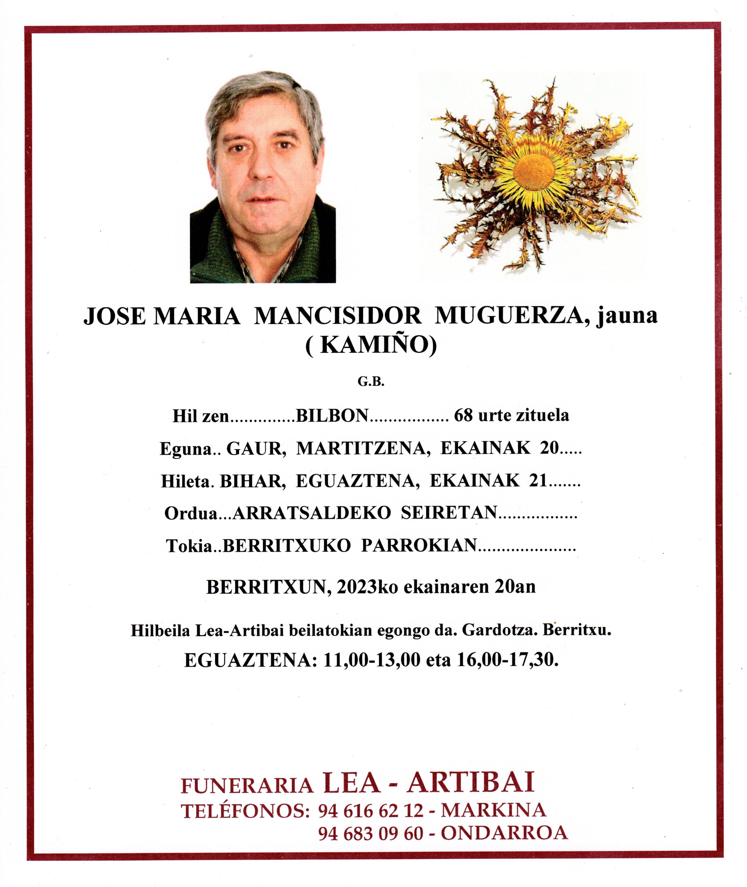 Esquela de Jose Maria Mancisidor Muguerza