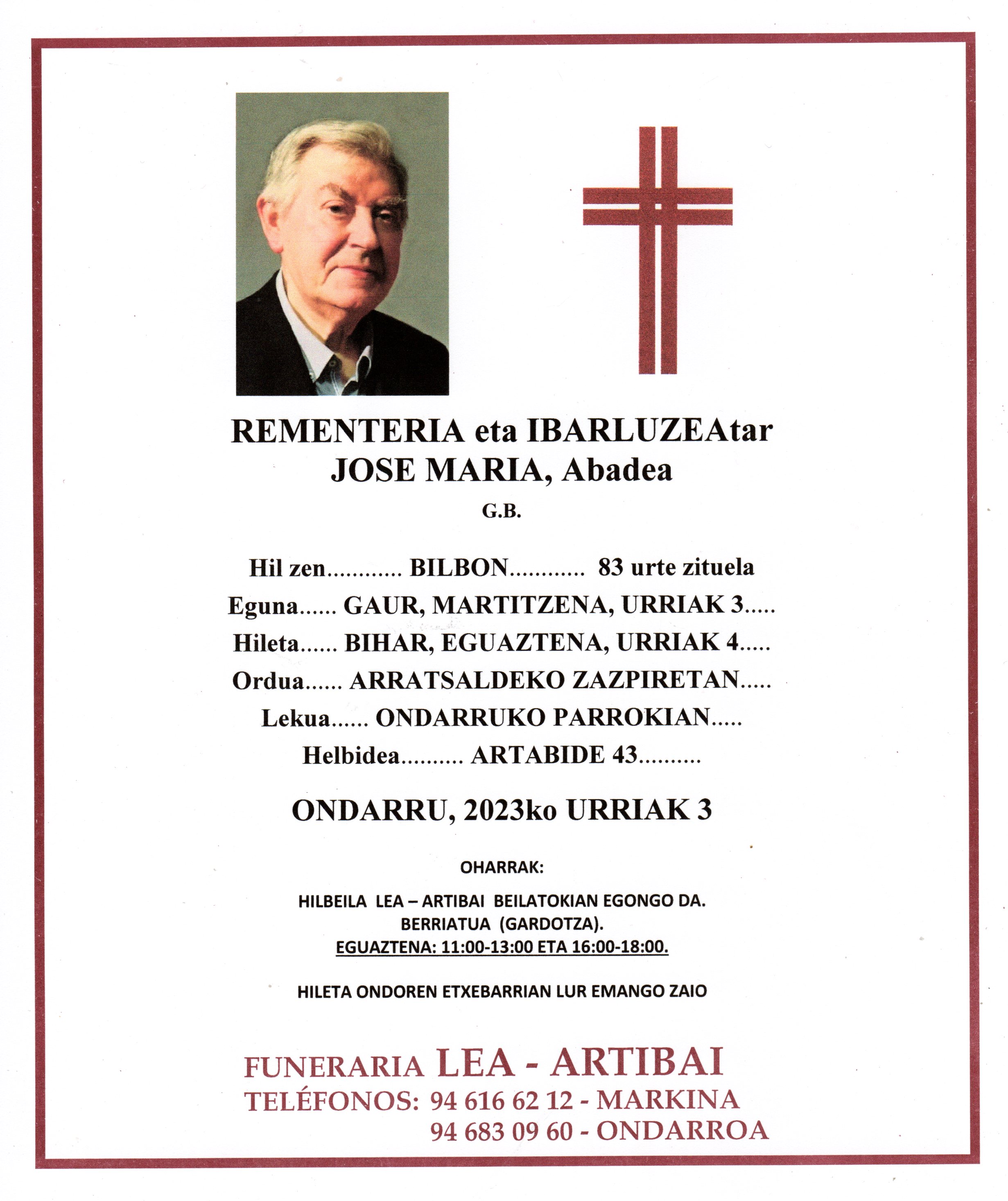 Esquela de Jose Maria Rementeria Ibarluzea