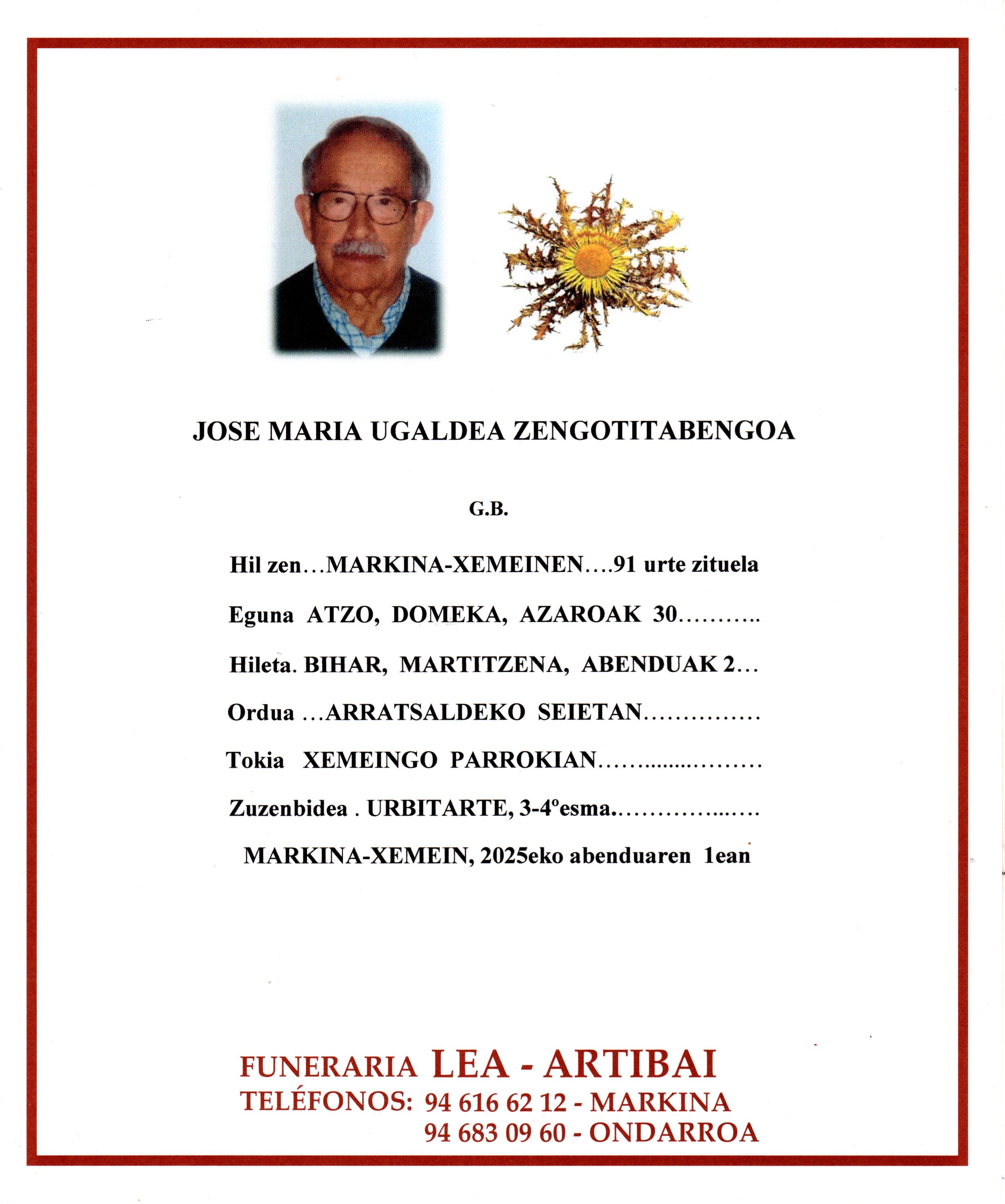 Esquela de Jose Maria Ugaldea Zengotitabengoa