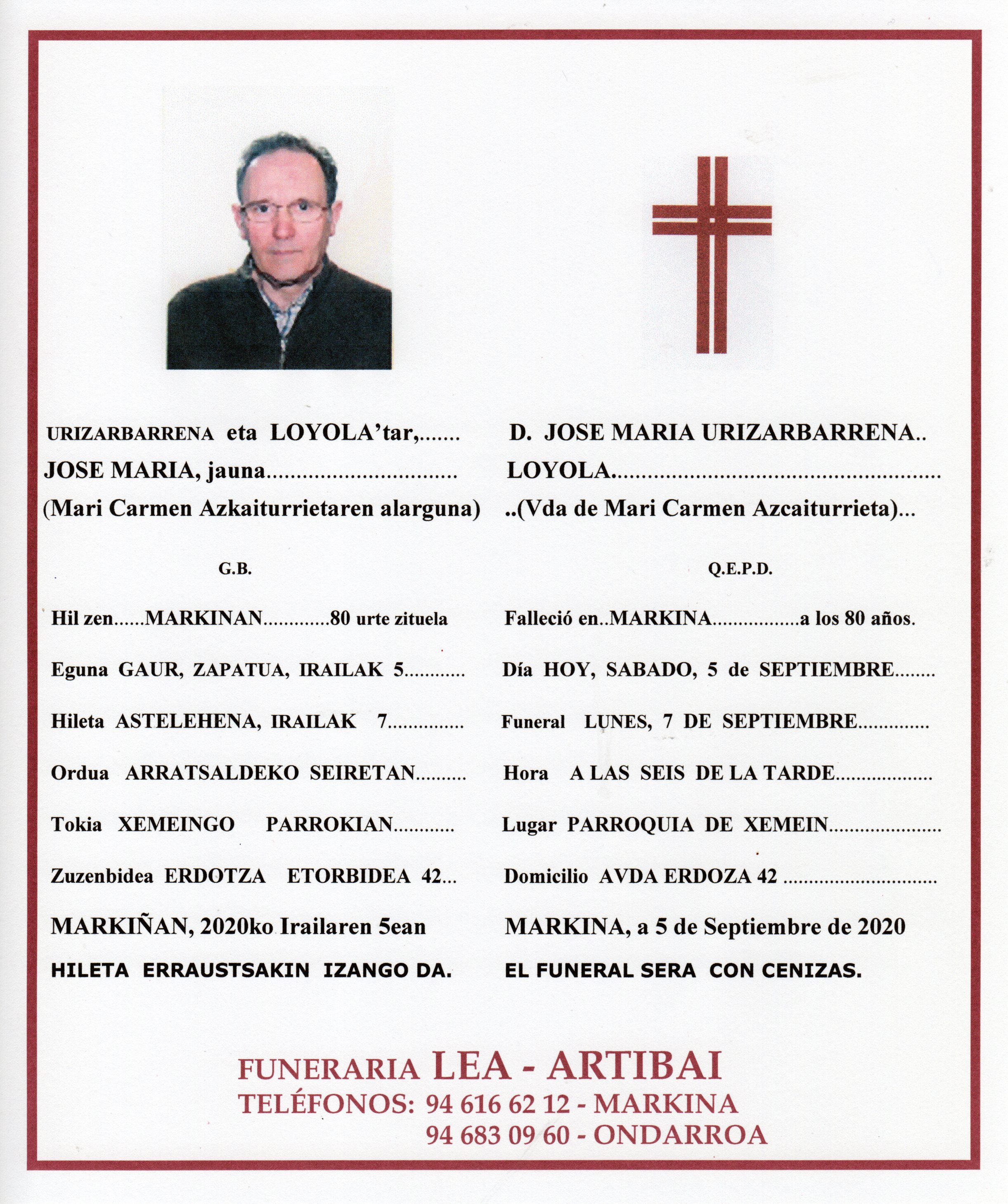 Esquela de Jose Maria Urizarbarrena Loiola