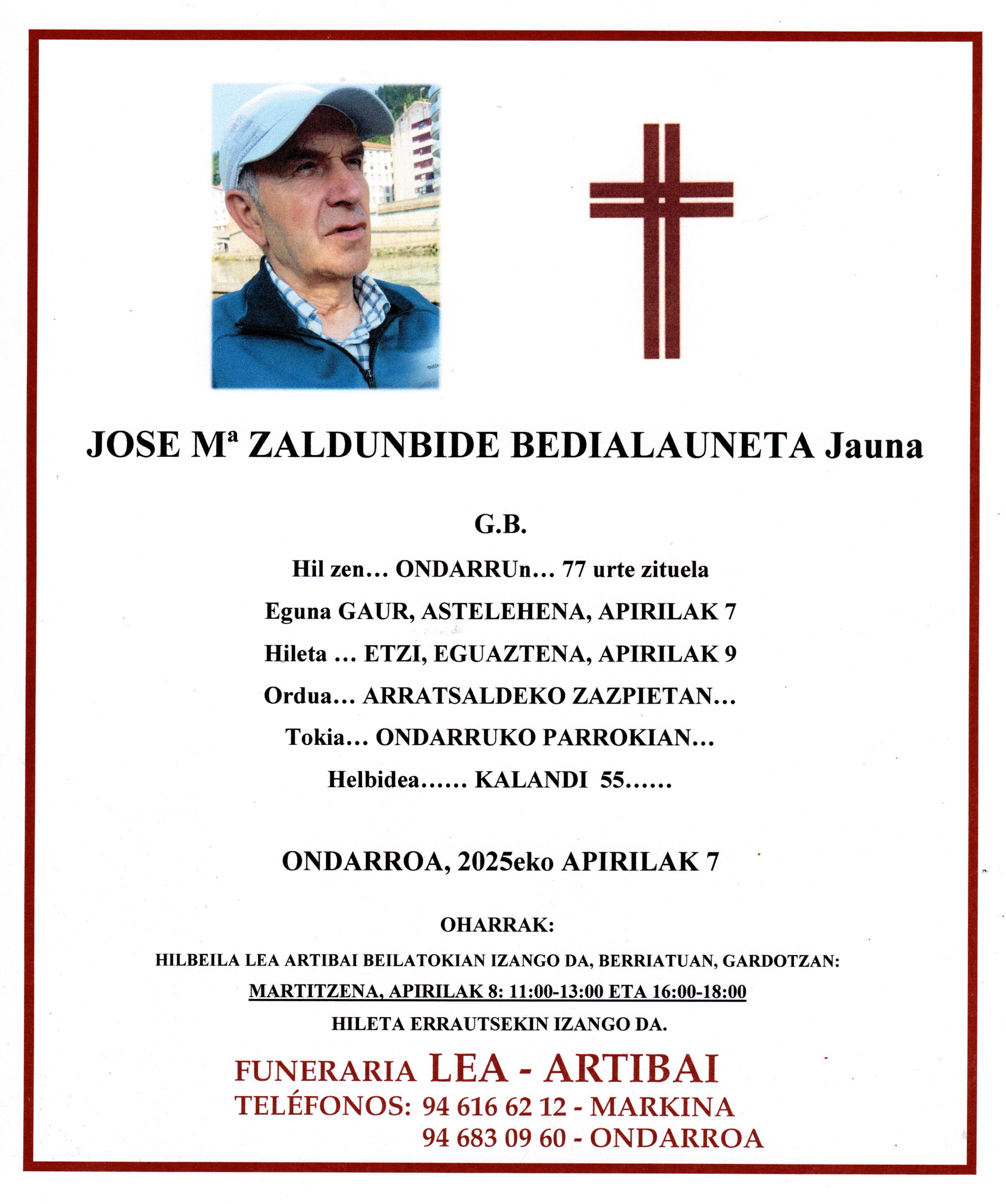 Esquela de Jose Maria Zaldunbide Bedialauneta