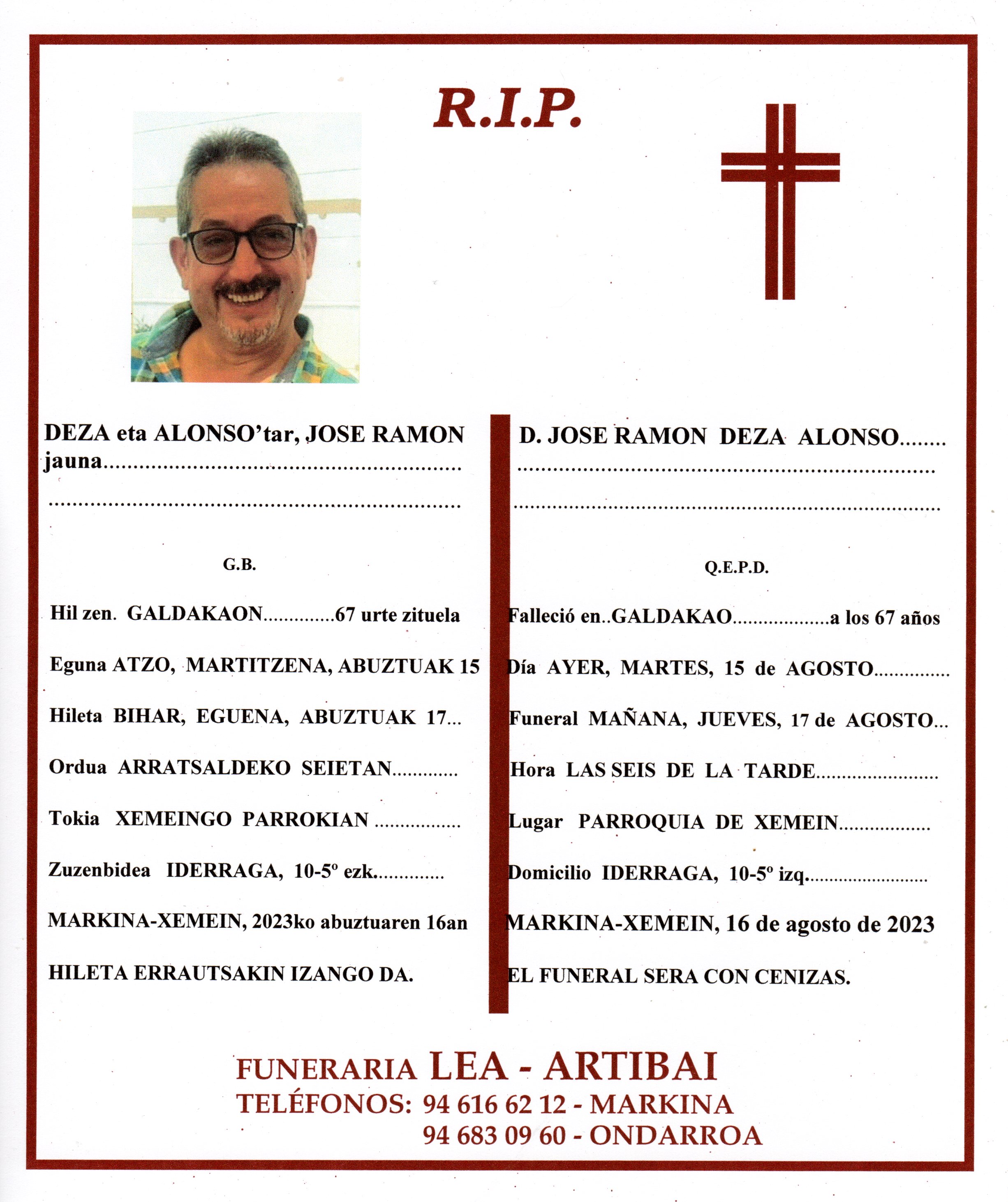 Esquela de Jose Ramon Deza Alonso