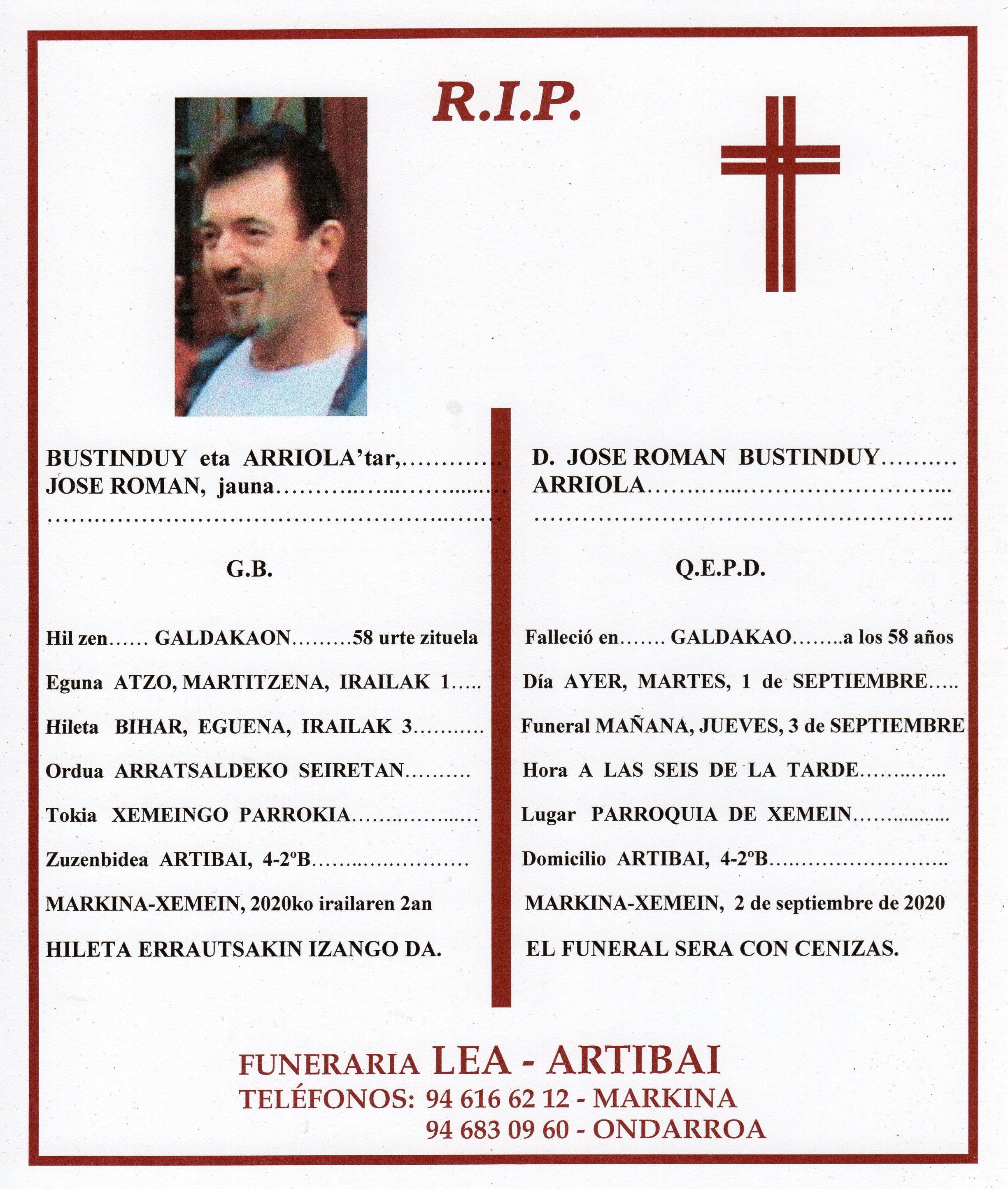 Esquela de Jose Roman Bustinduy Arriola