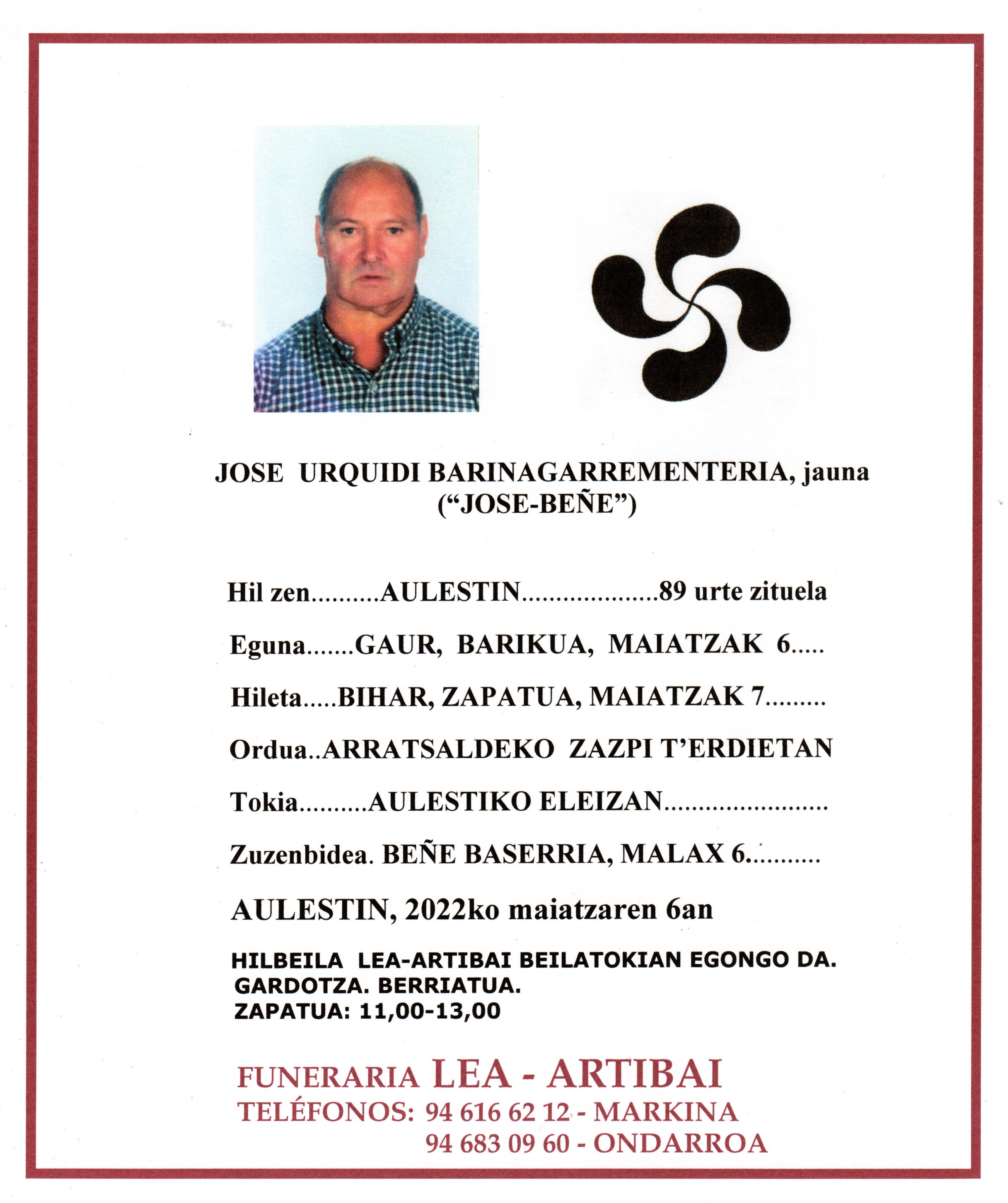 Esquela de Jose Urquidi Barinagarrementeria