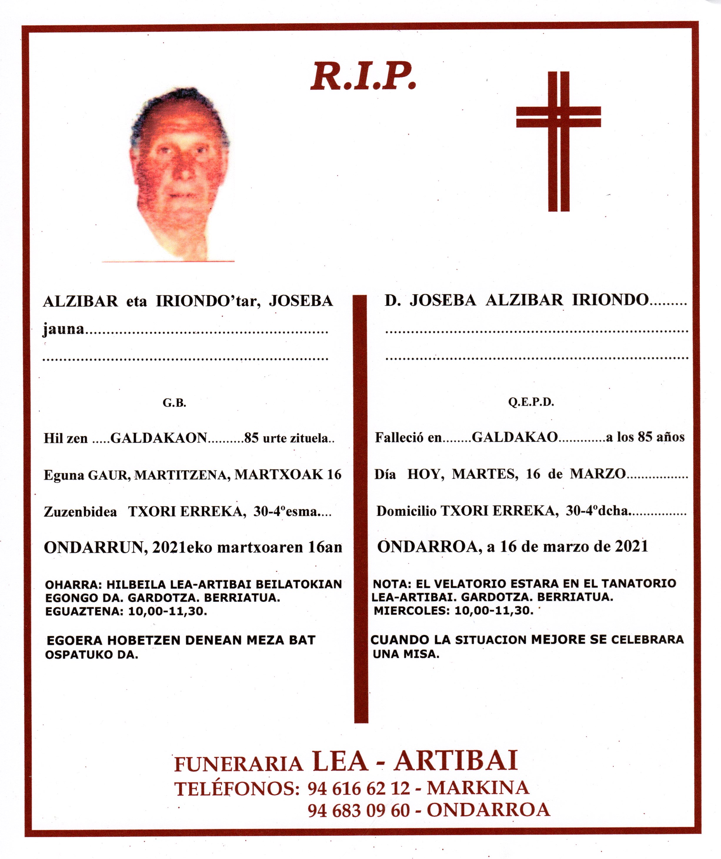 Esquela de Joseba Alzibar Iriondo