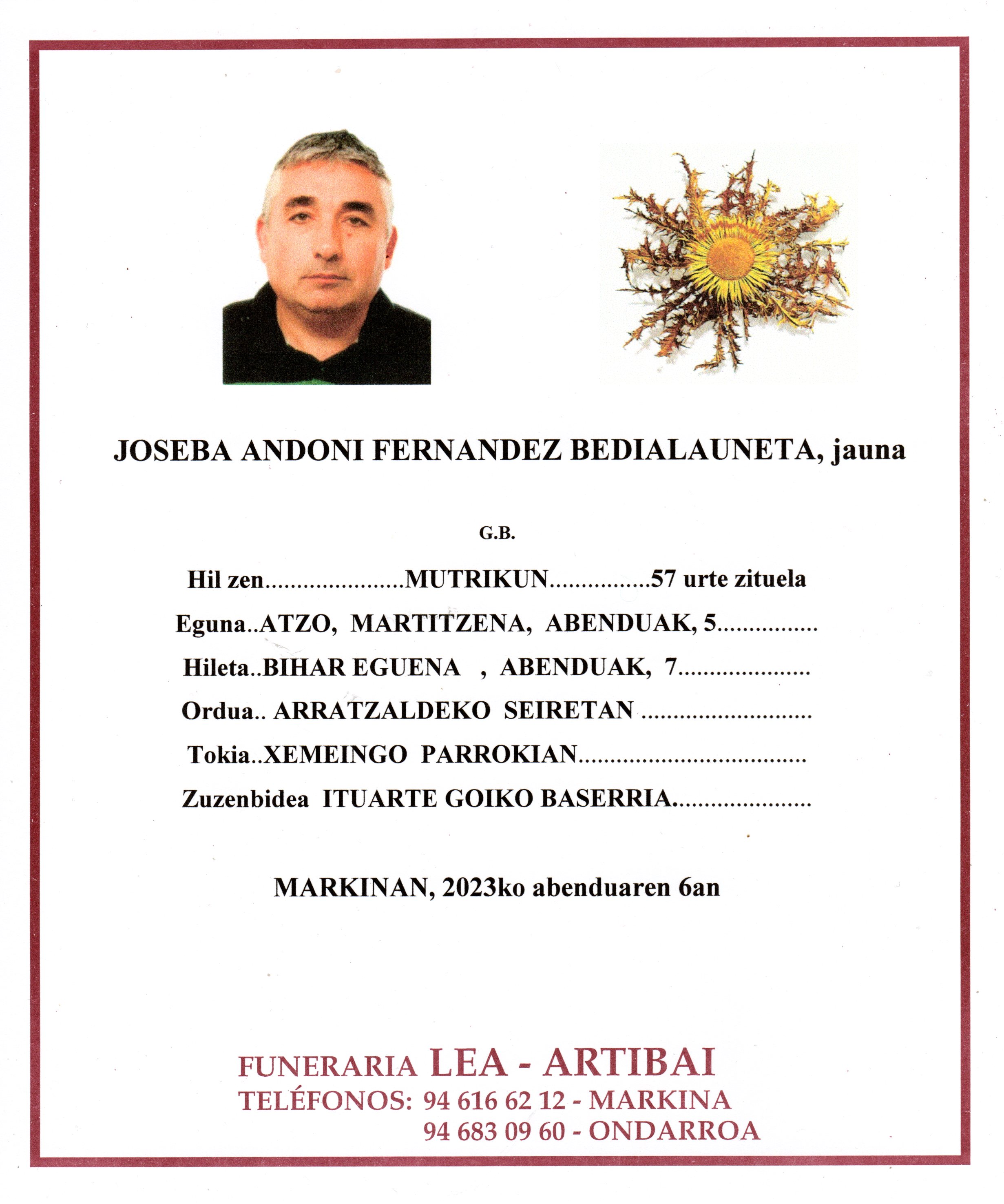 Esquela de Joseba Andoni Fernandez Bedialauneta