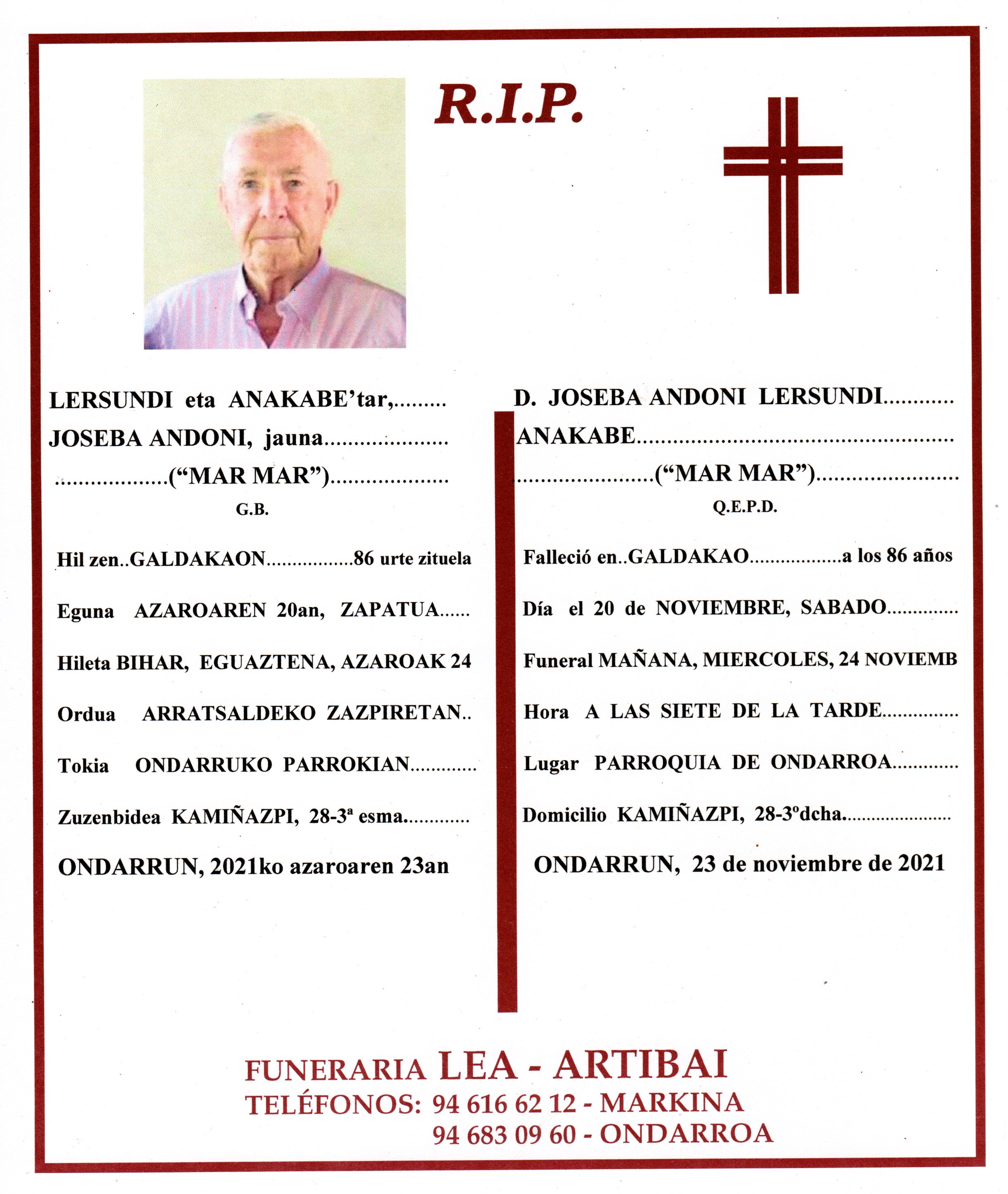 Esquela de Joseba Andoni Lersundi Anakabe