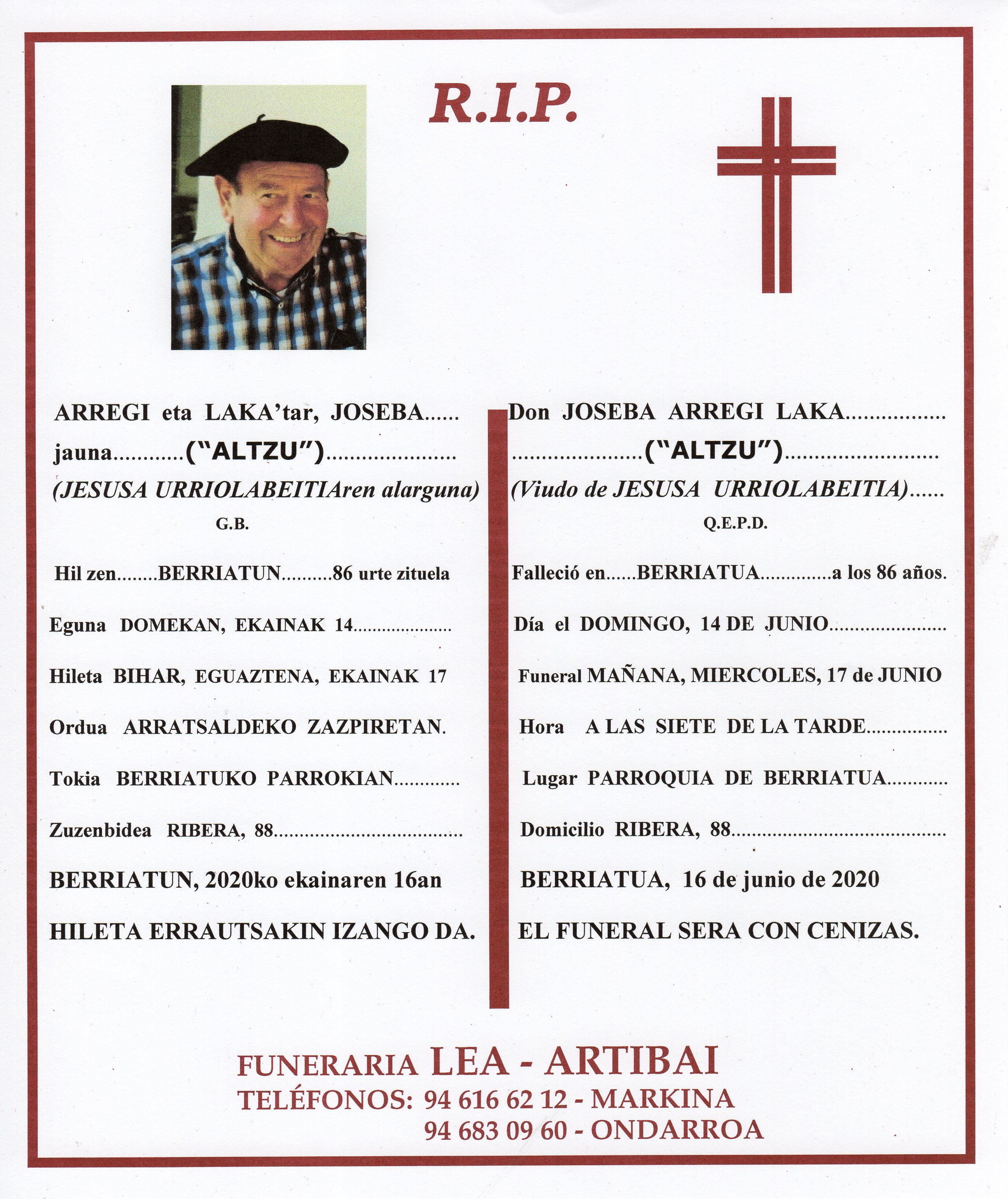 Esquela de Joseba Arregi Laka