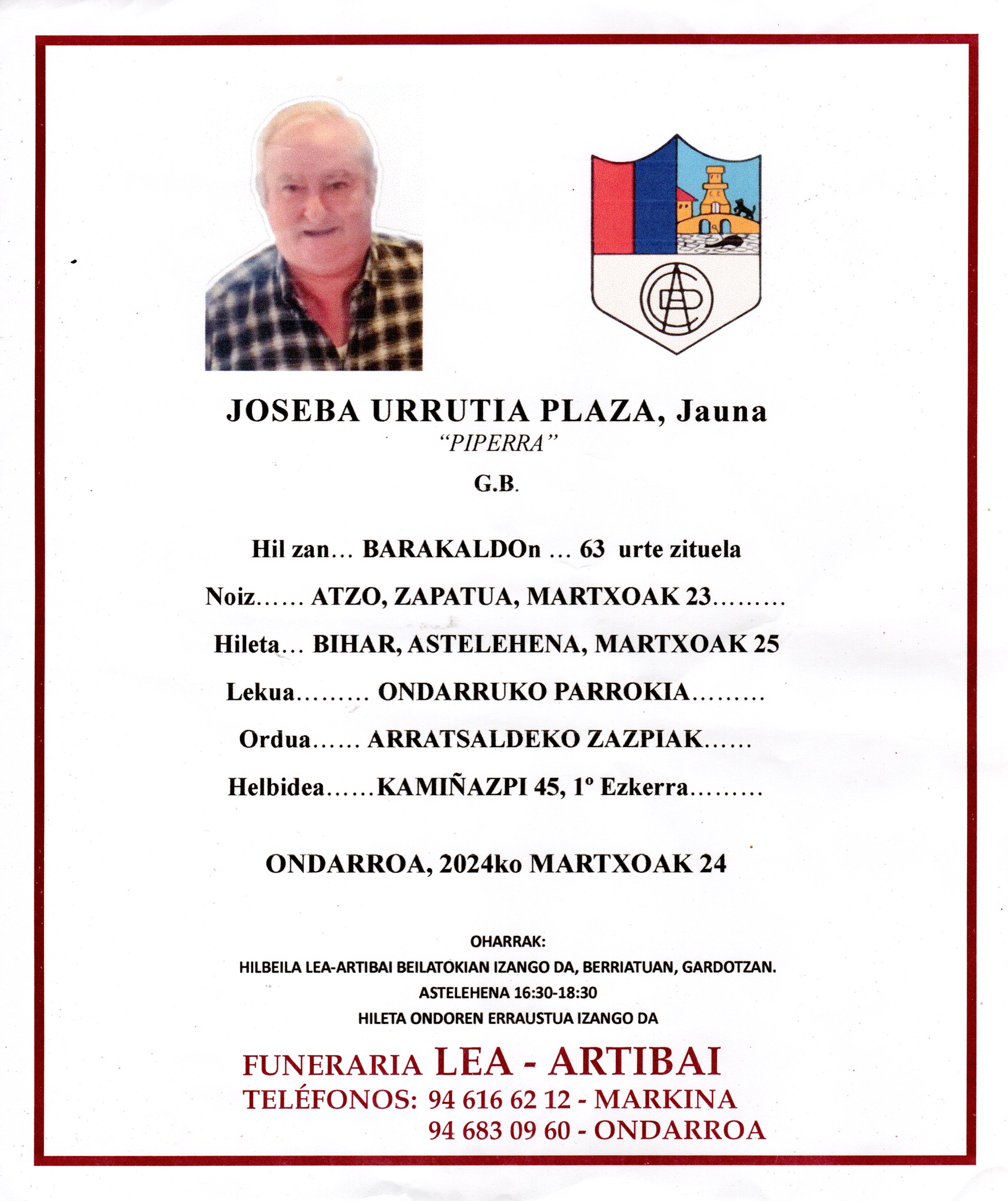 Esquela de Joseba Urrutia Plaza