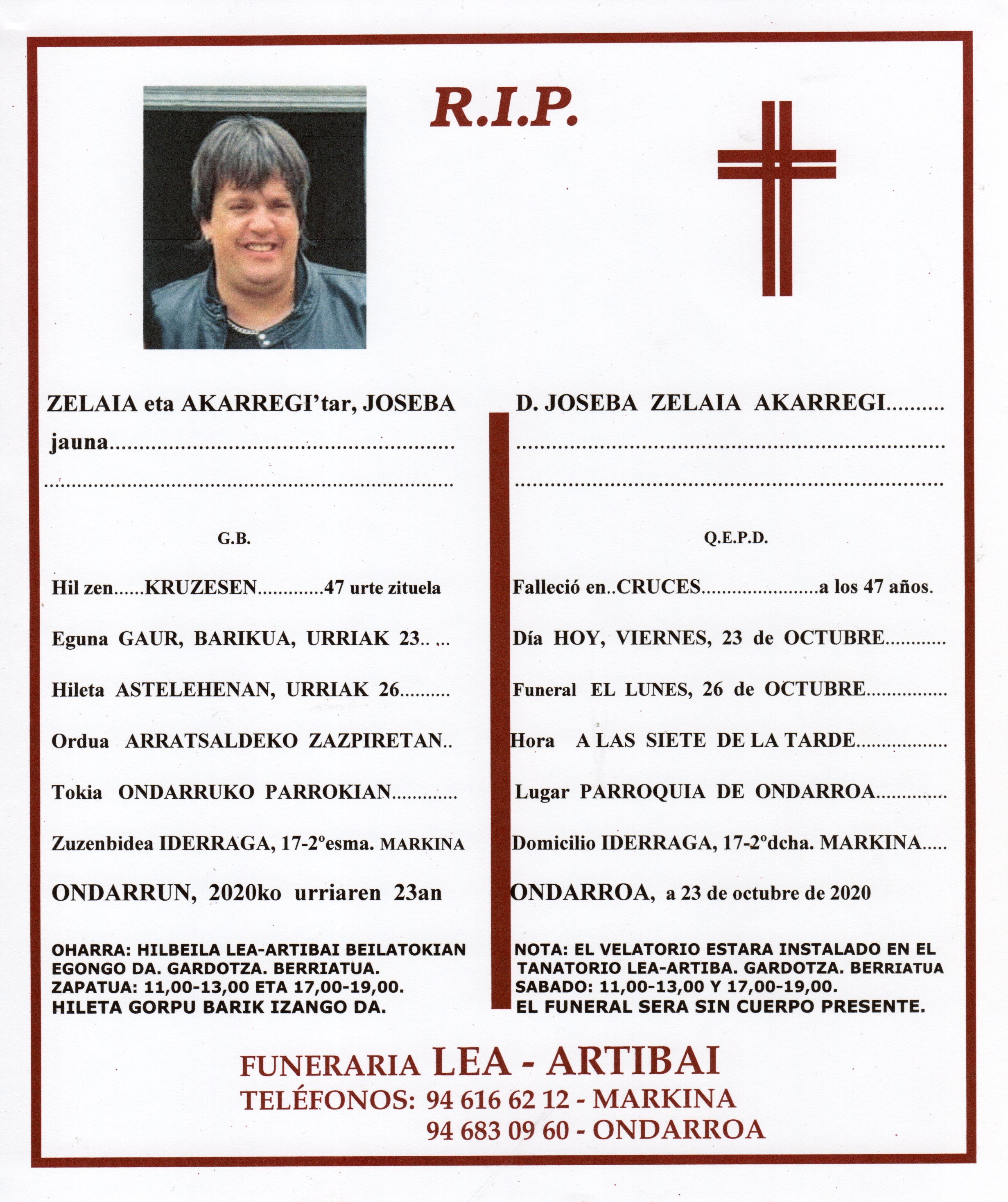 Esquela de Joseba Zelaia Akarregi