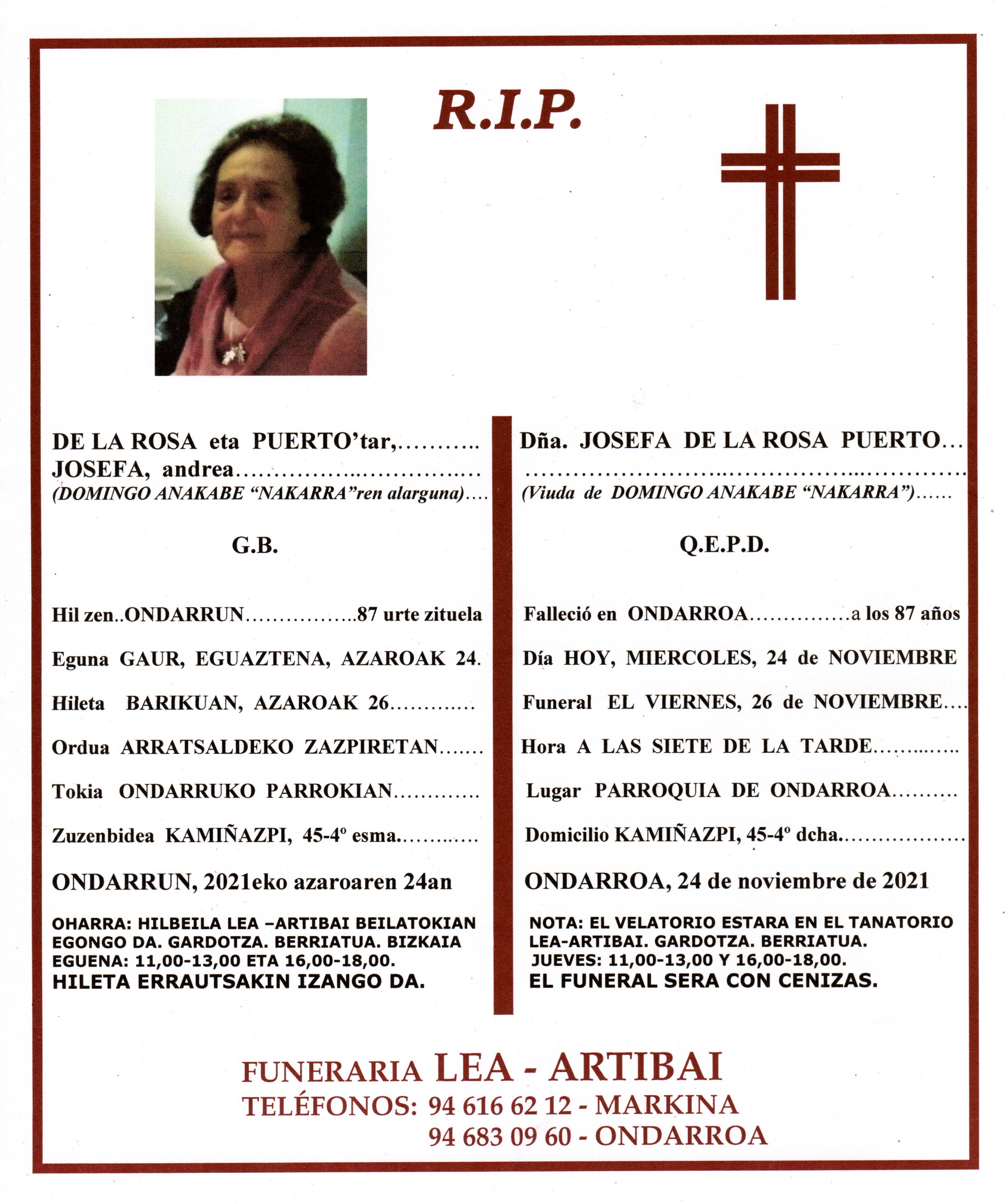 Esquela de Josefa de la Rosa Puerto