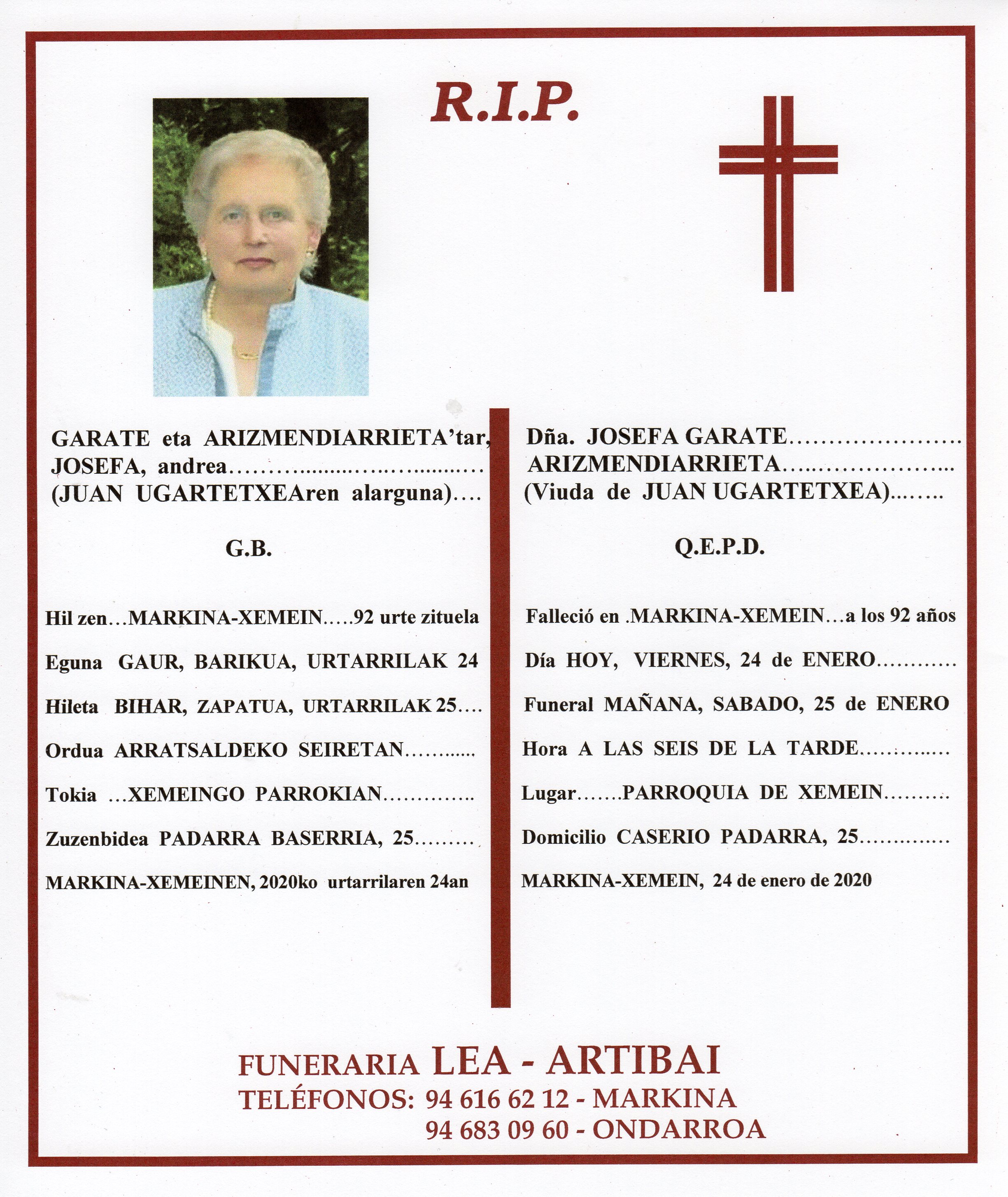 Esquela de Josefa Garate Arizmendiarrieta