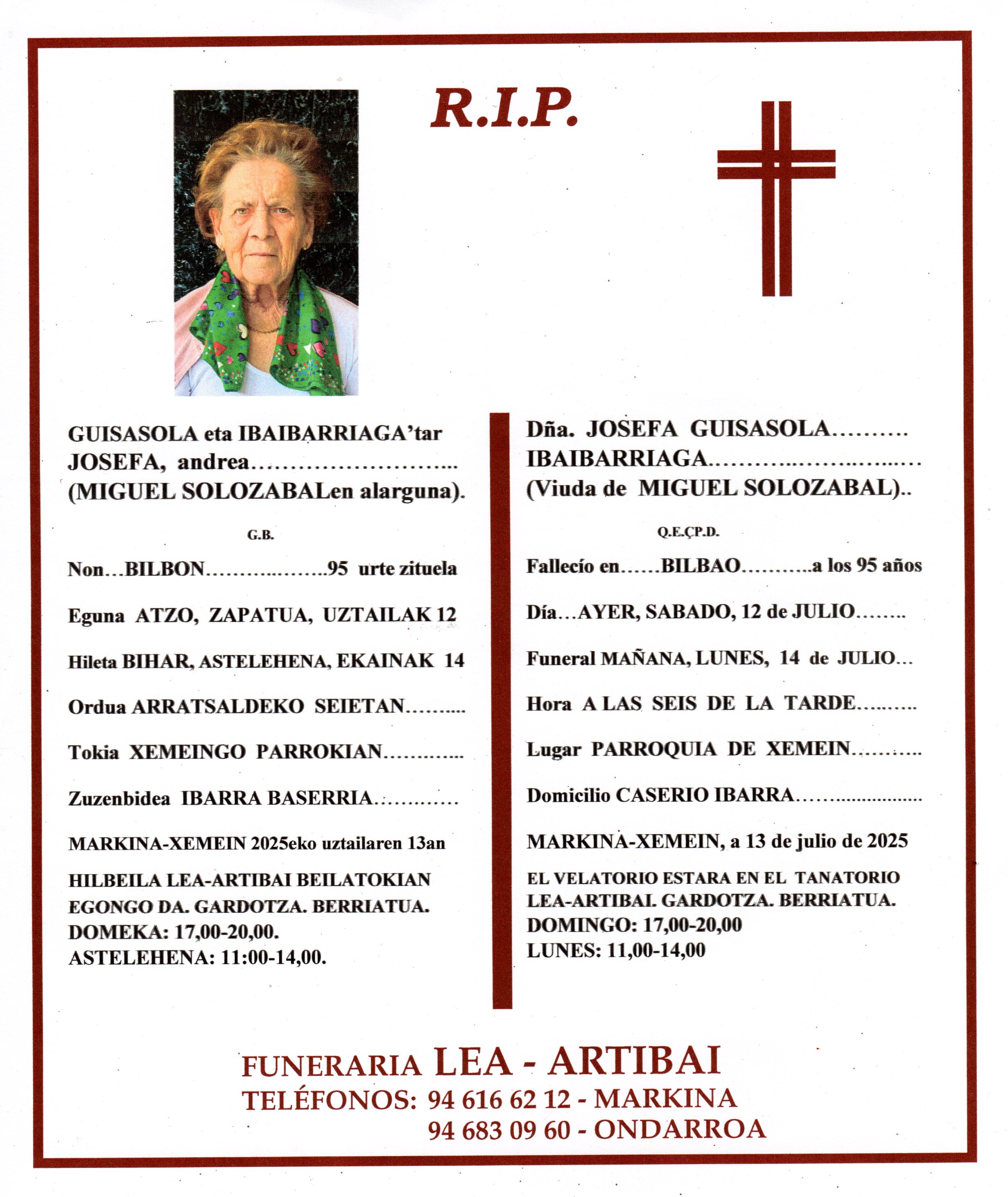 Esquela de Josefa Guisasola Ibaibarriaga