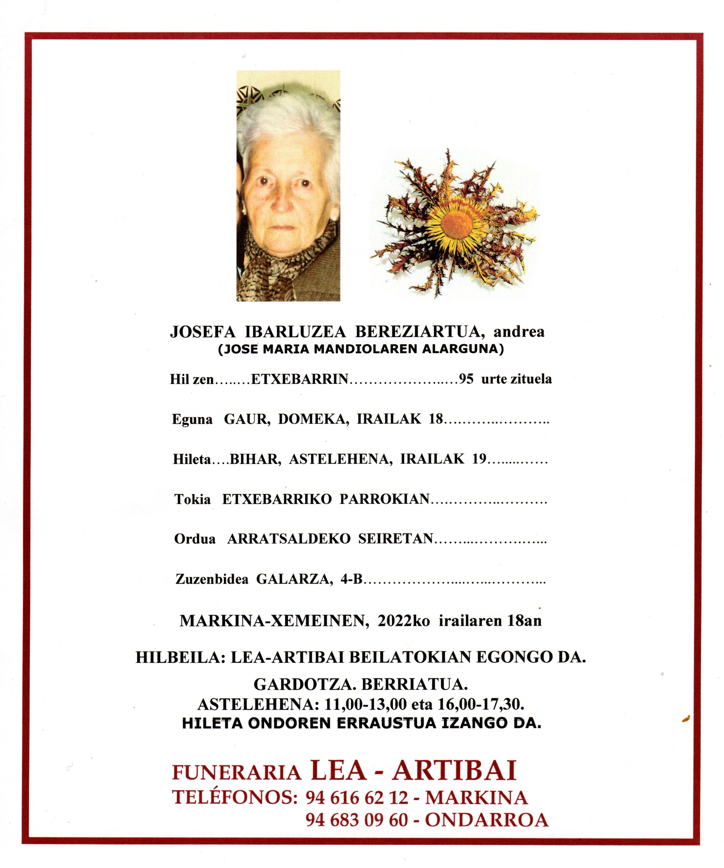 Esquela de Josefa Ibarluzea Bereziartua