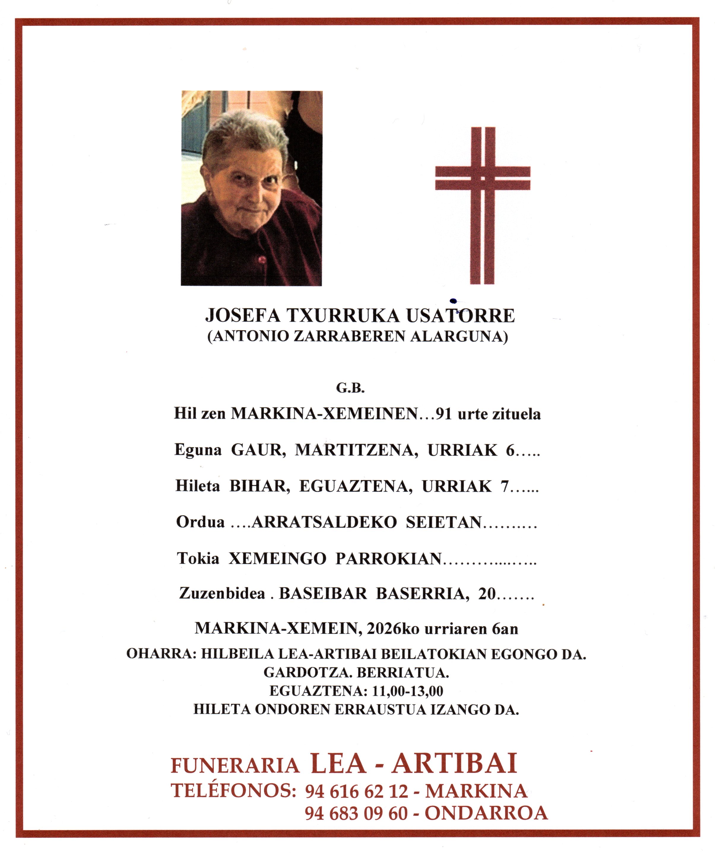 Esquela de Josefa Txurruka Usatorre
