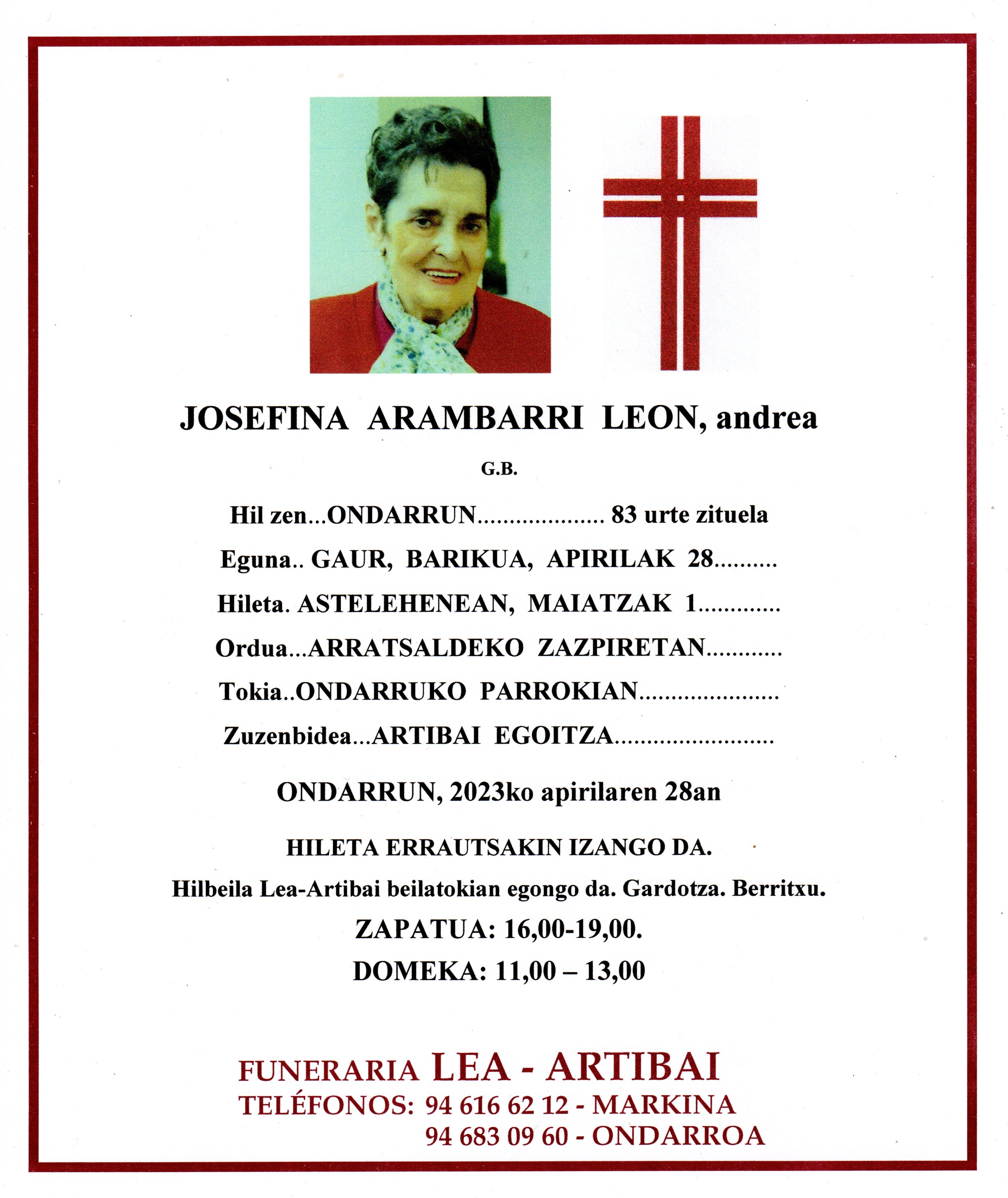 Esquela de Josefina Arambarri Leon