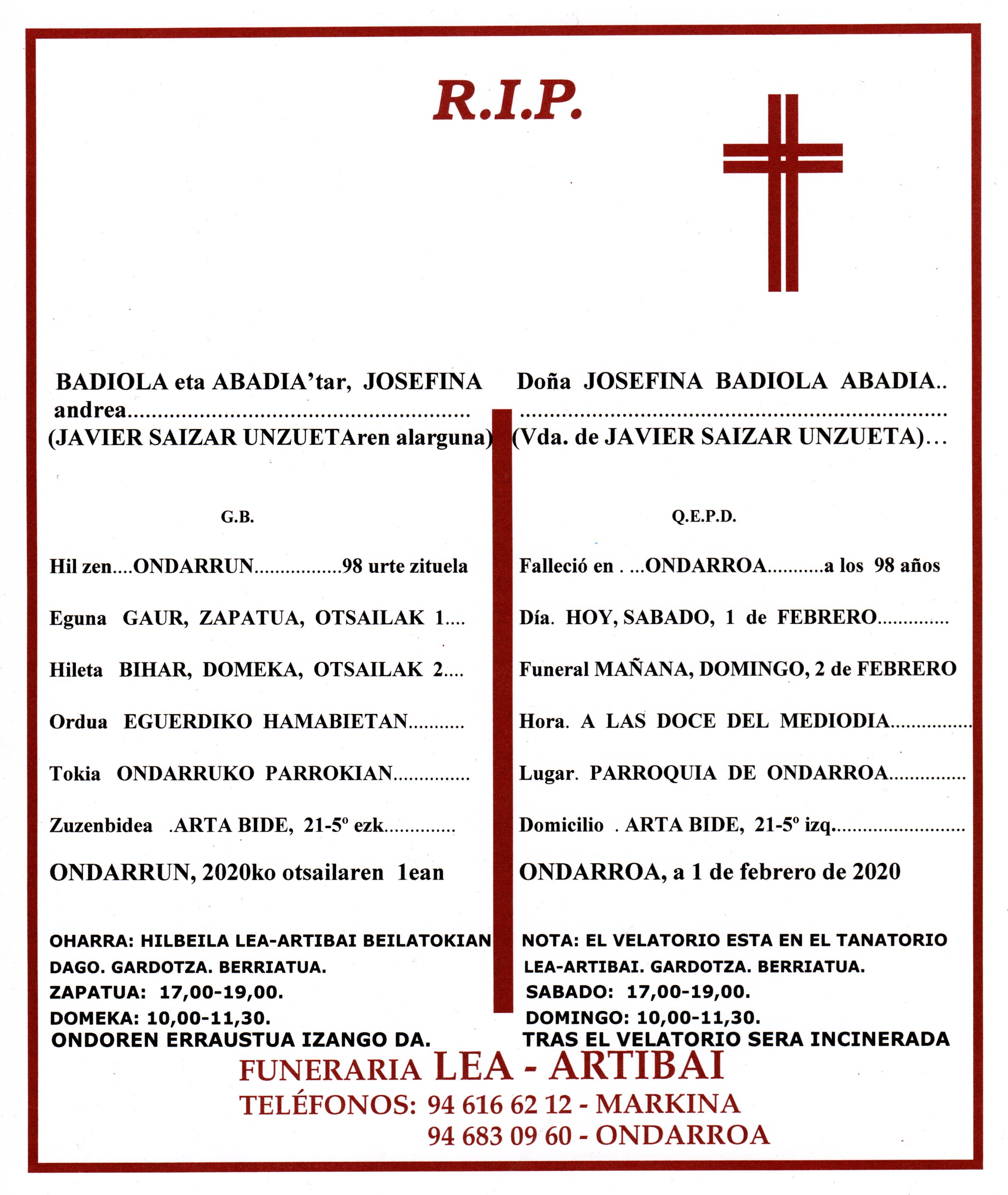Esquela de Josefina Badiola Abadia
