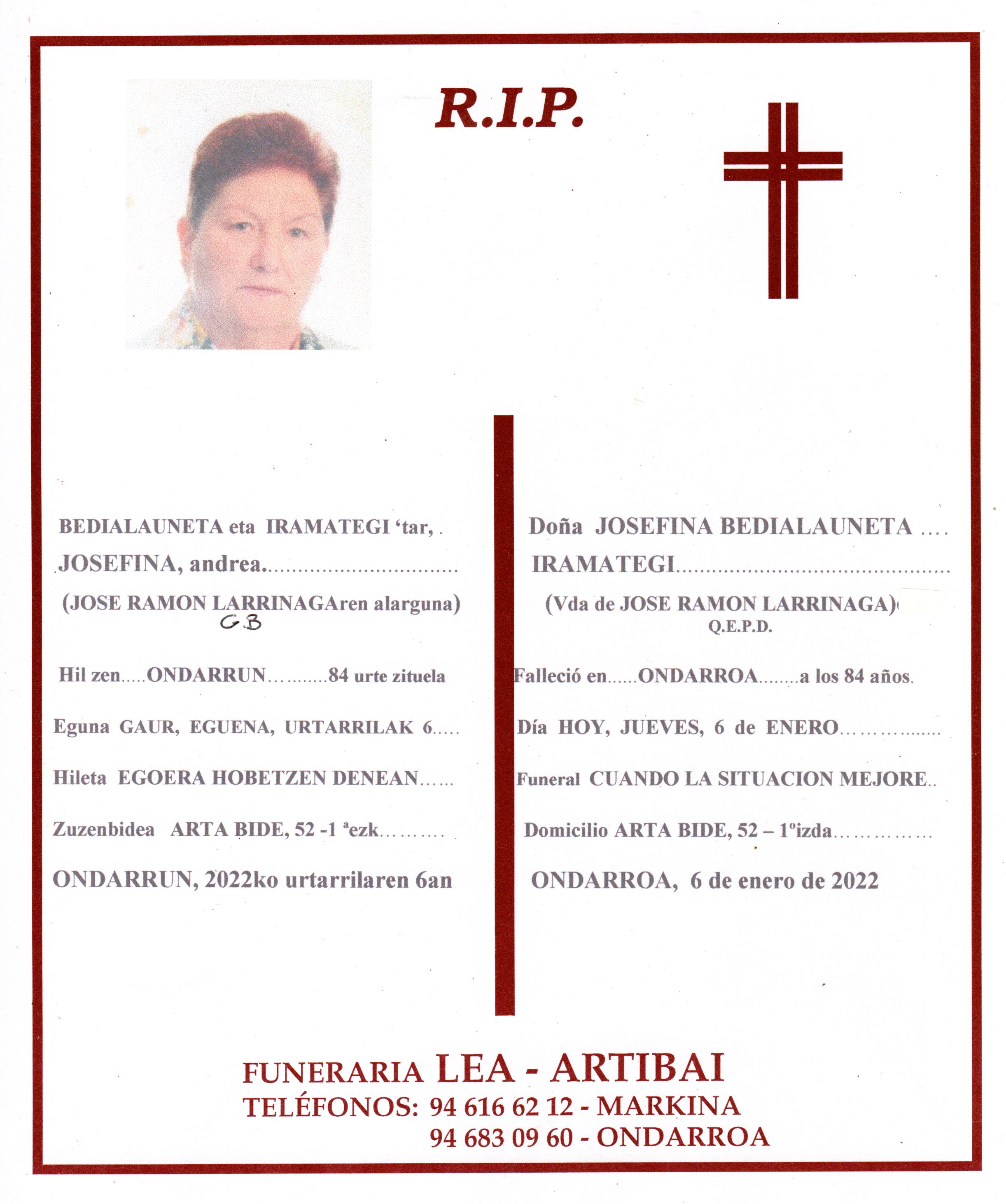 Esquela de Josefina Bedialauneta Iramategi