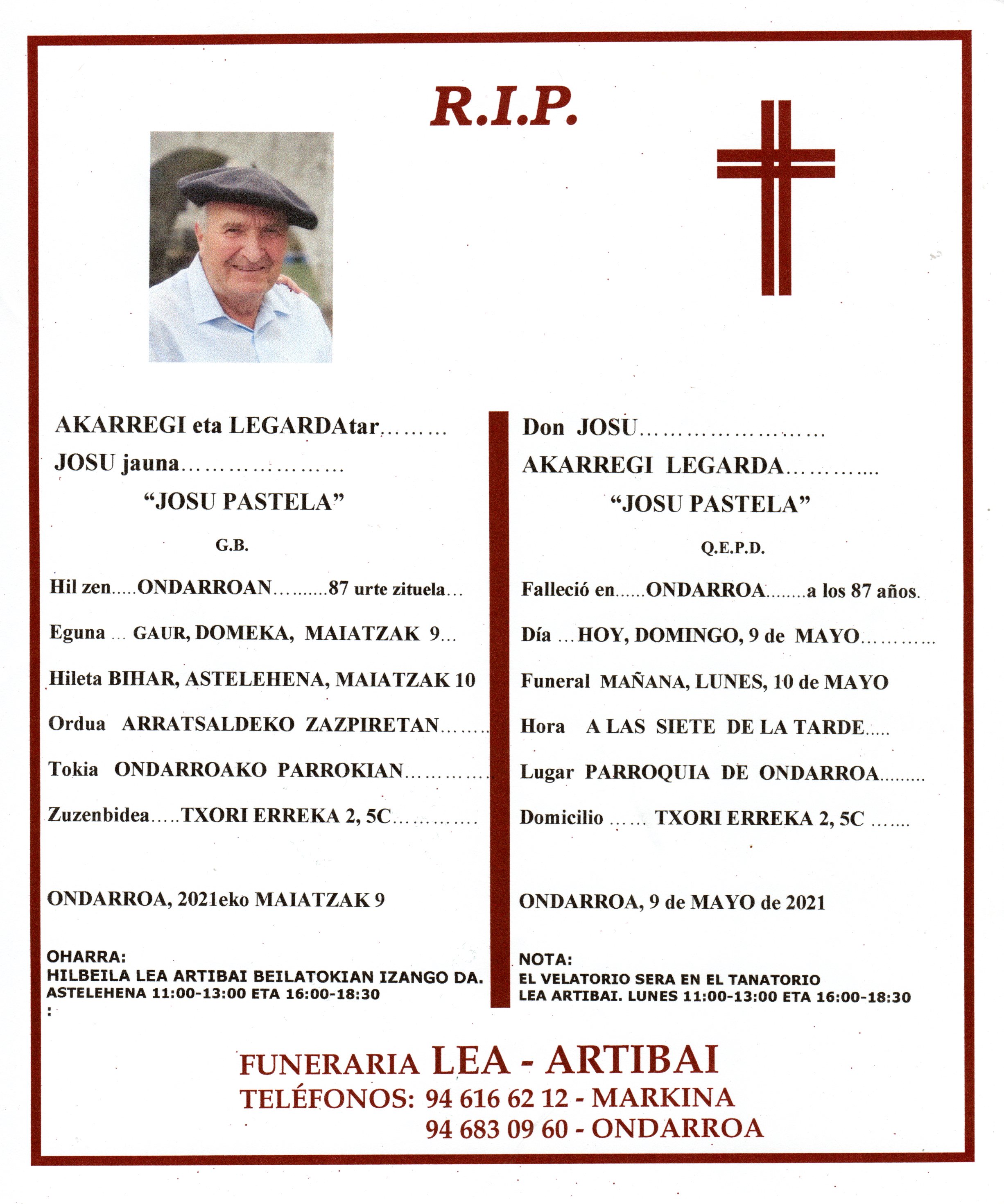 Esquela de Josu Akarregi Legarda