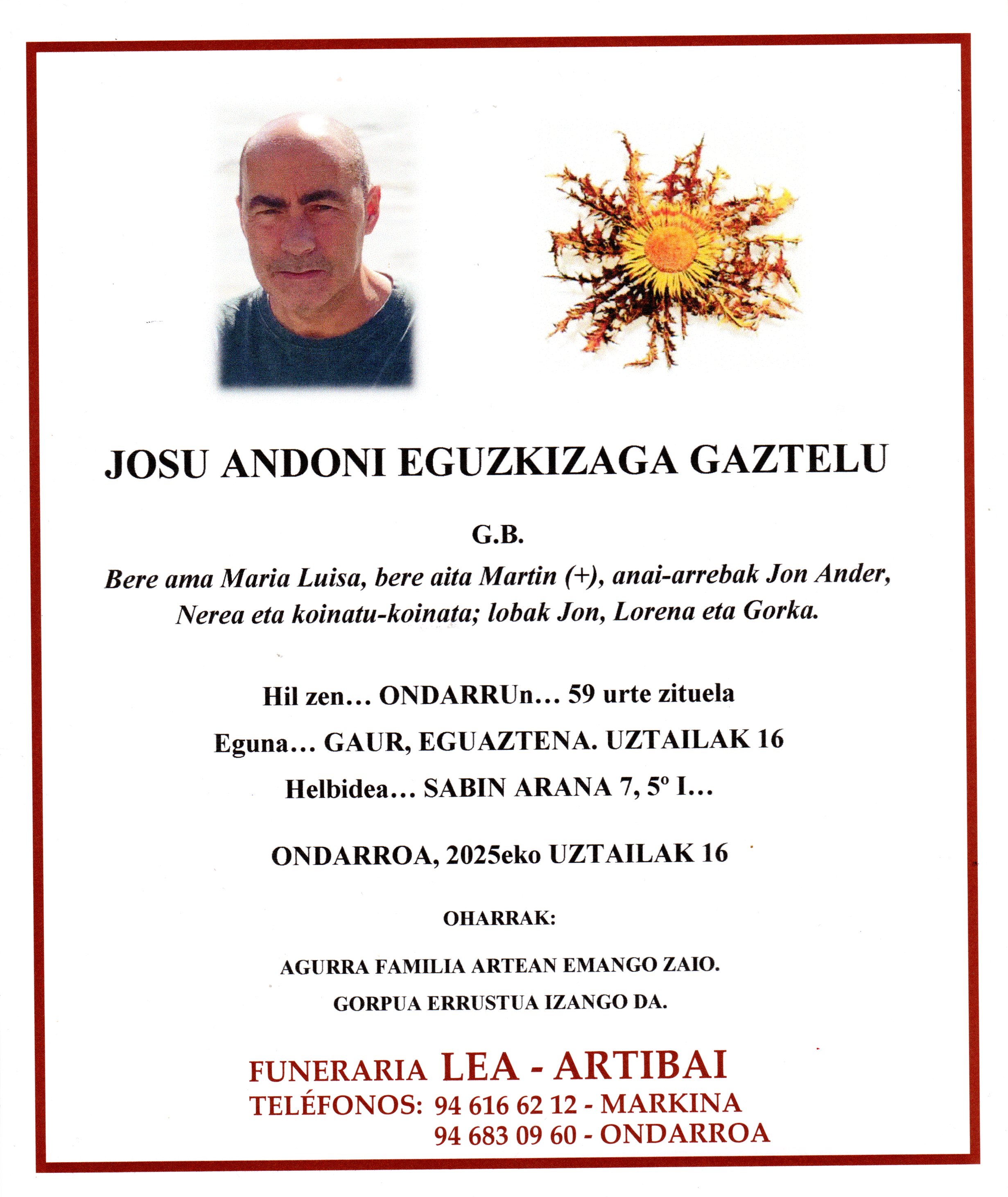 Esquela de Josu Andoni Eguzkizaga Gaztelu