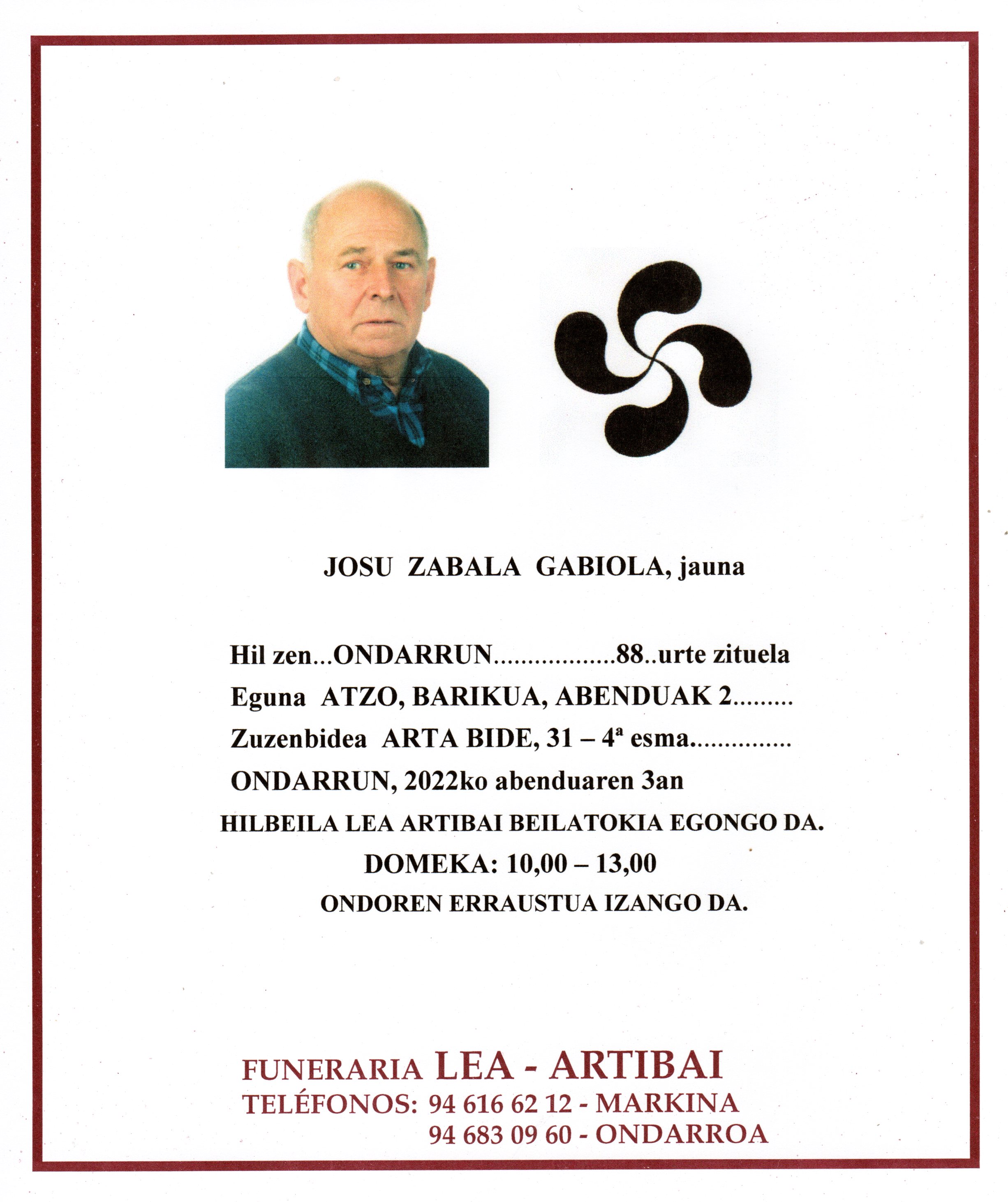 Esquela de Josu Zabala Gabiola