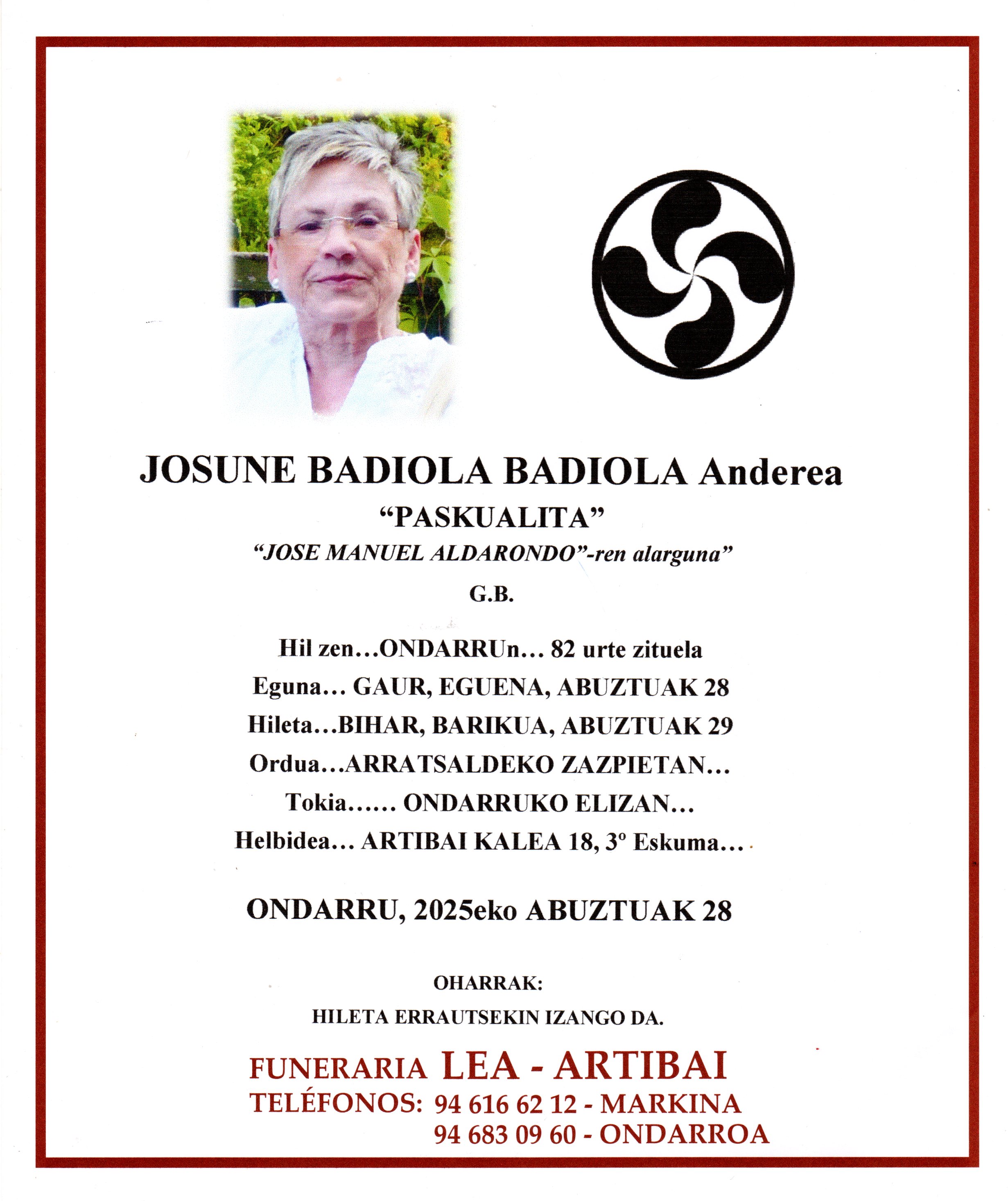 Esquela de Josune Badiola Badiola
