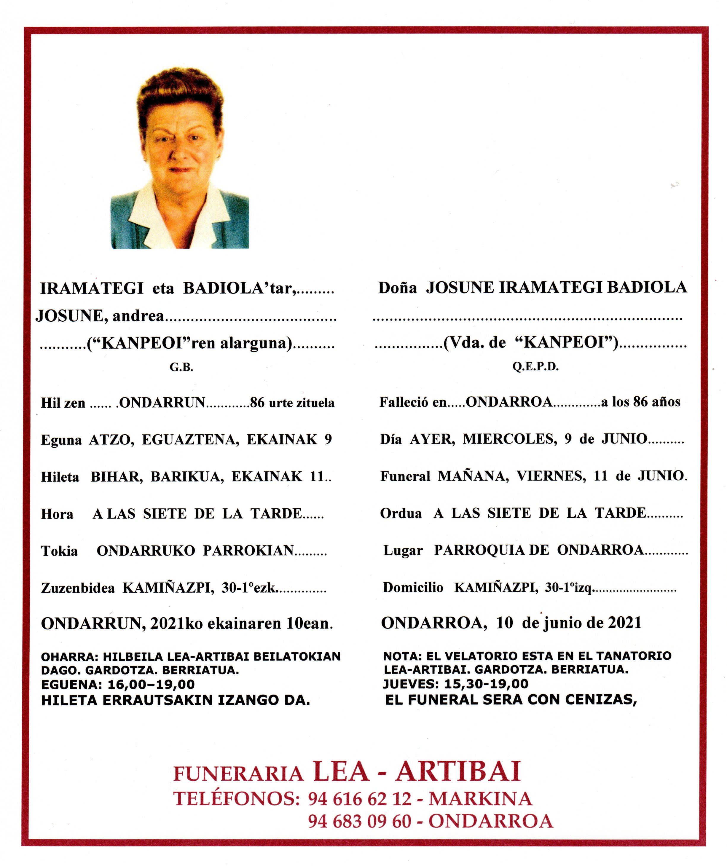 Esquela de Josune Iramategi Badiola