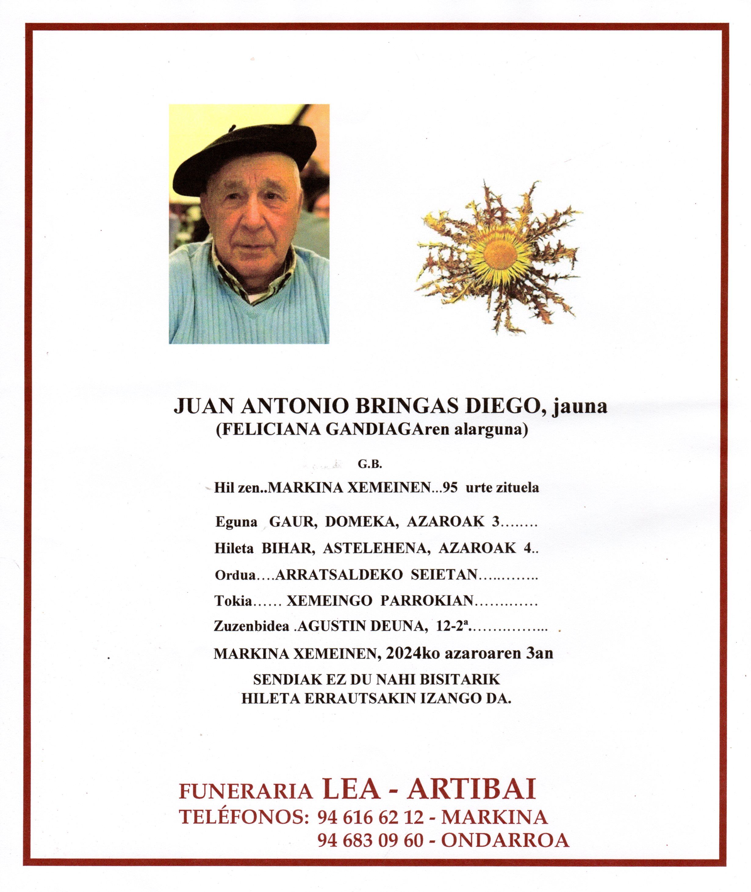 Esquela de Juan Antonio Bringas Diego