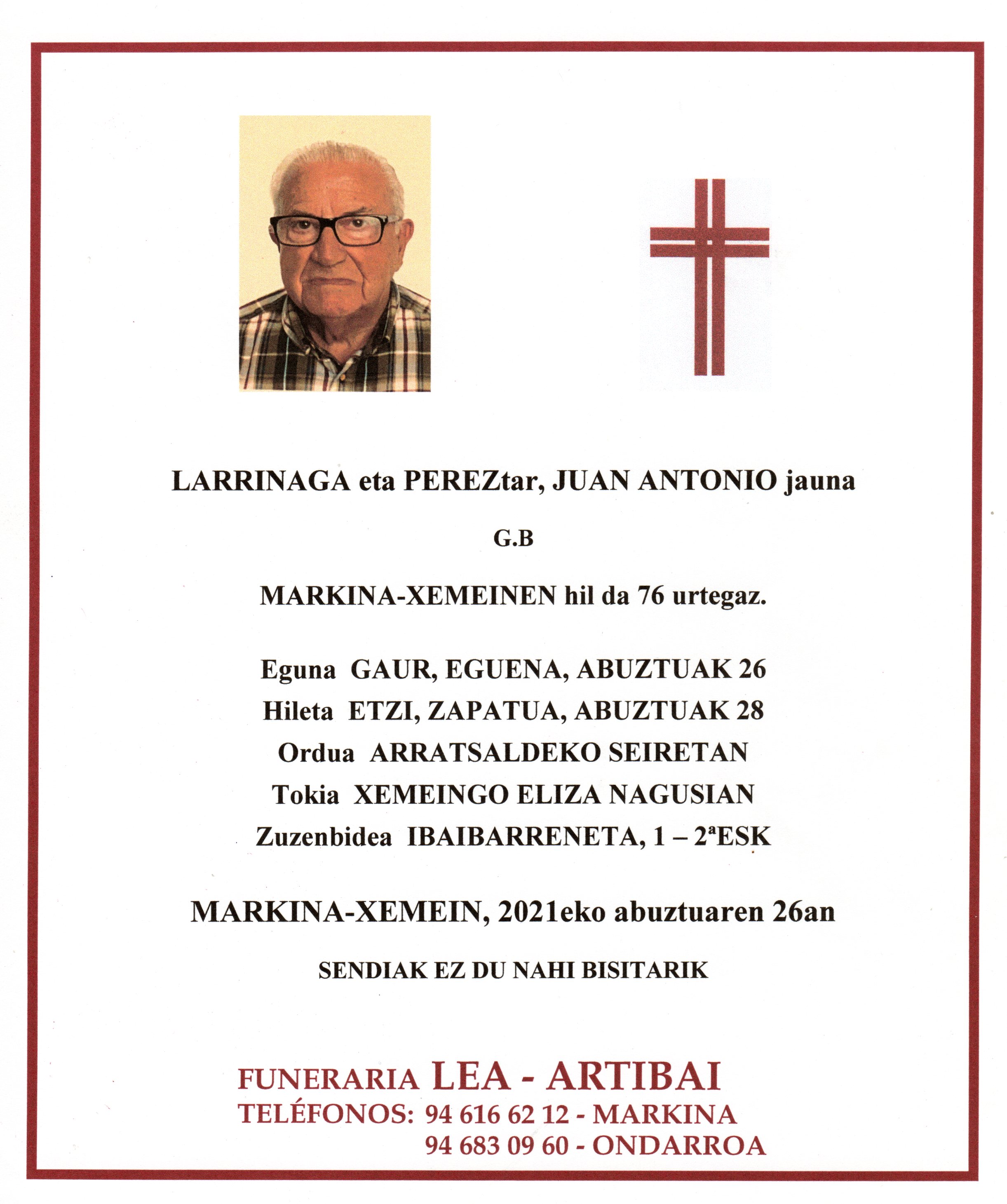 Esquela de Juan Antonio Larrinaga Perez
