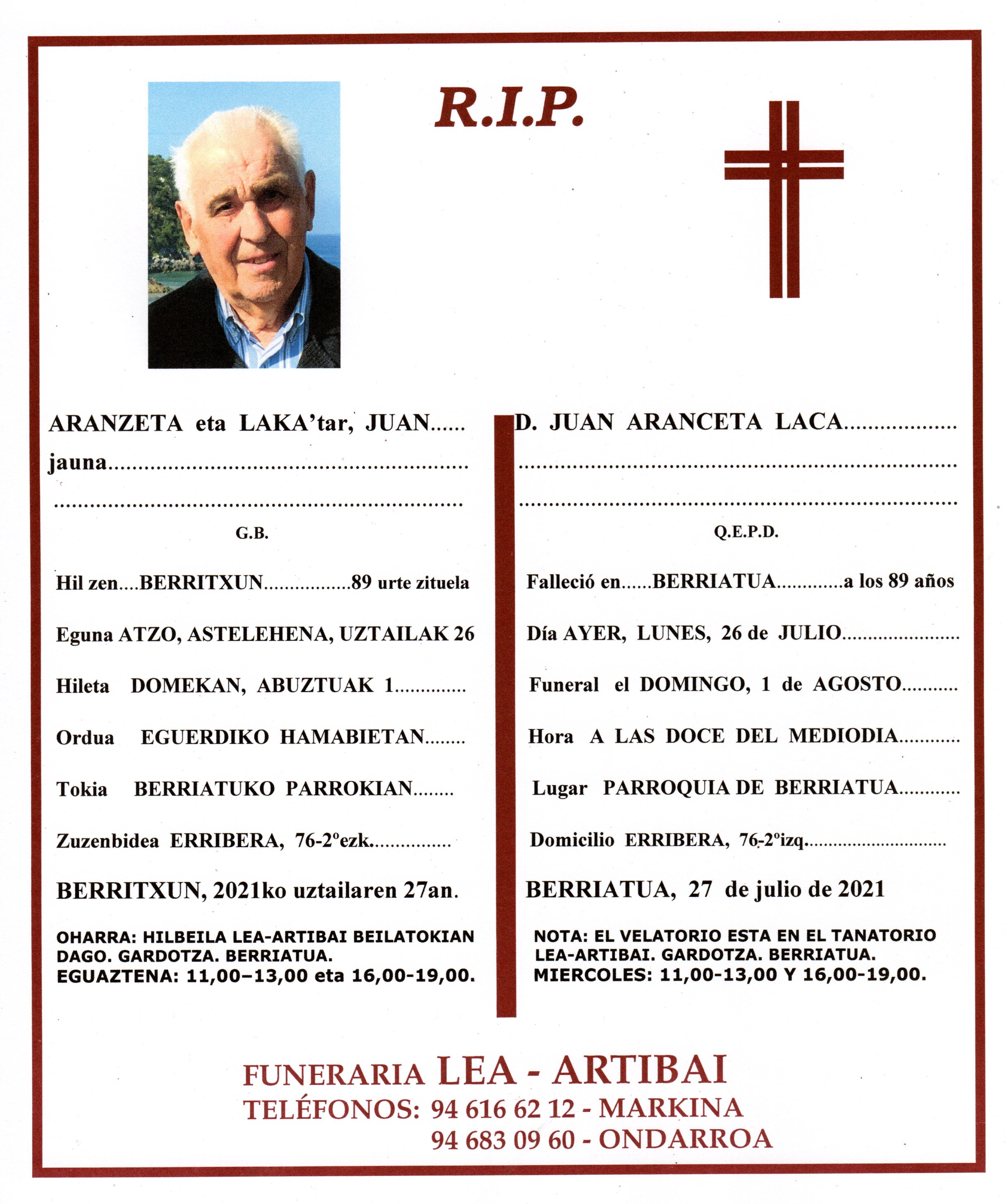 Esquela de Juan Aranceta Laca