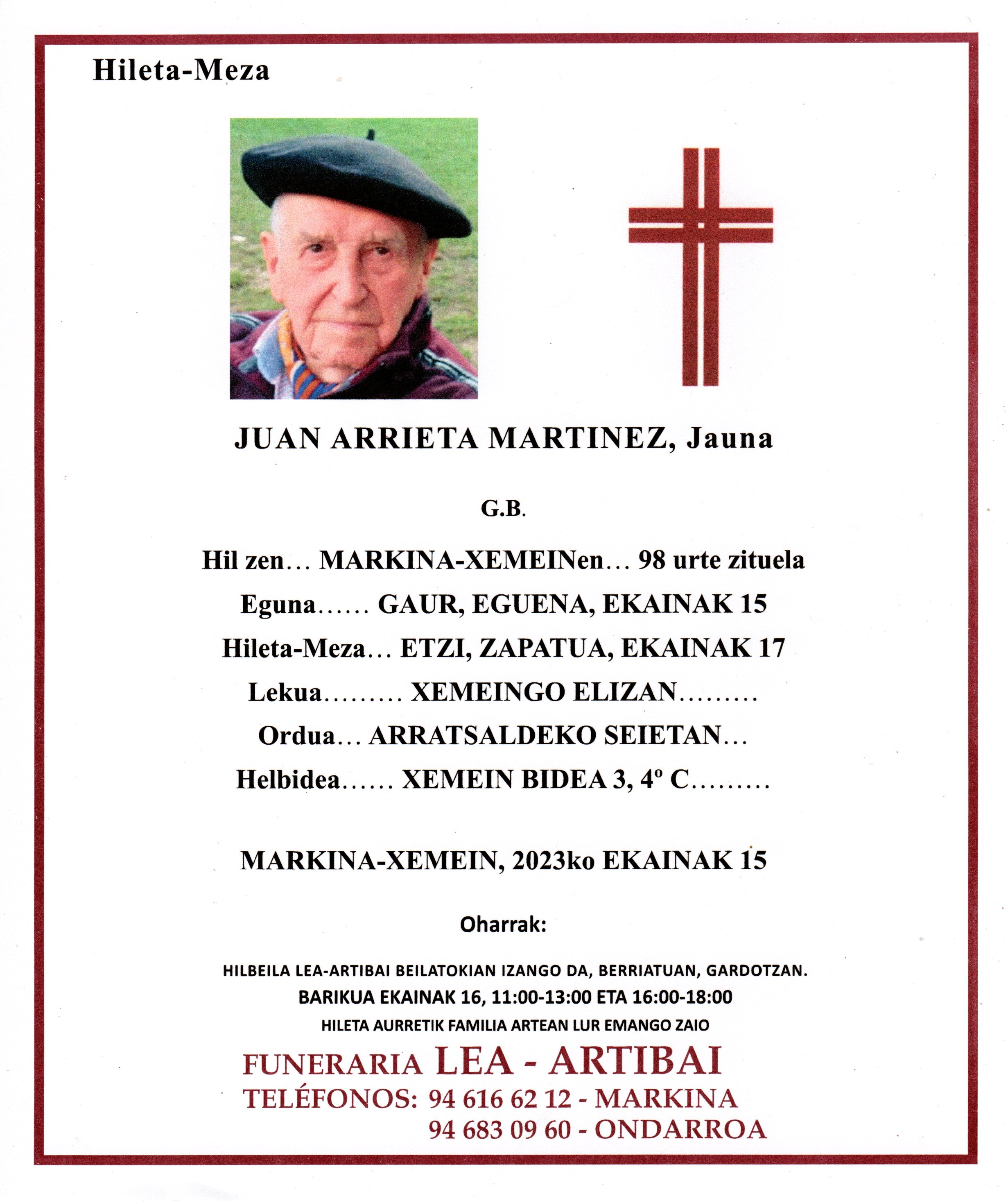 Esquela de Juan Arrieta Martinez