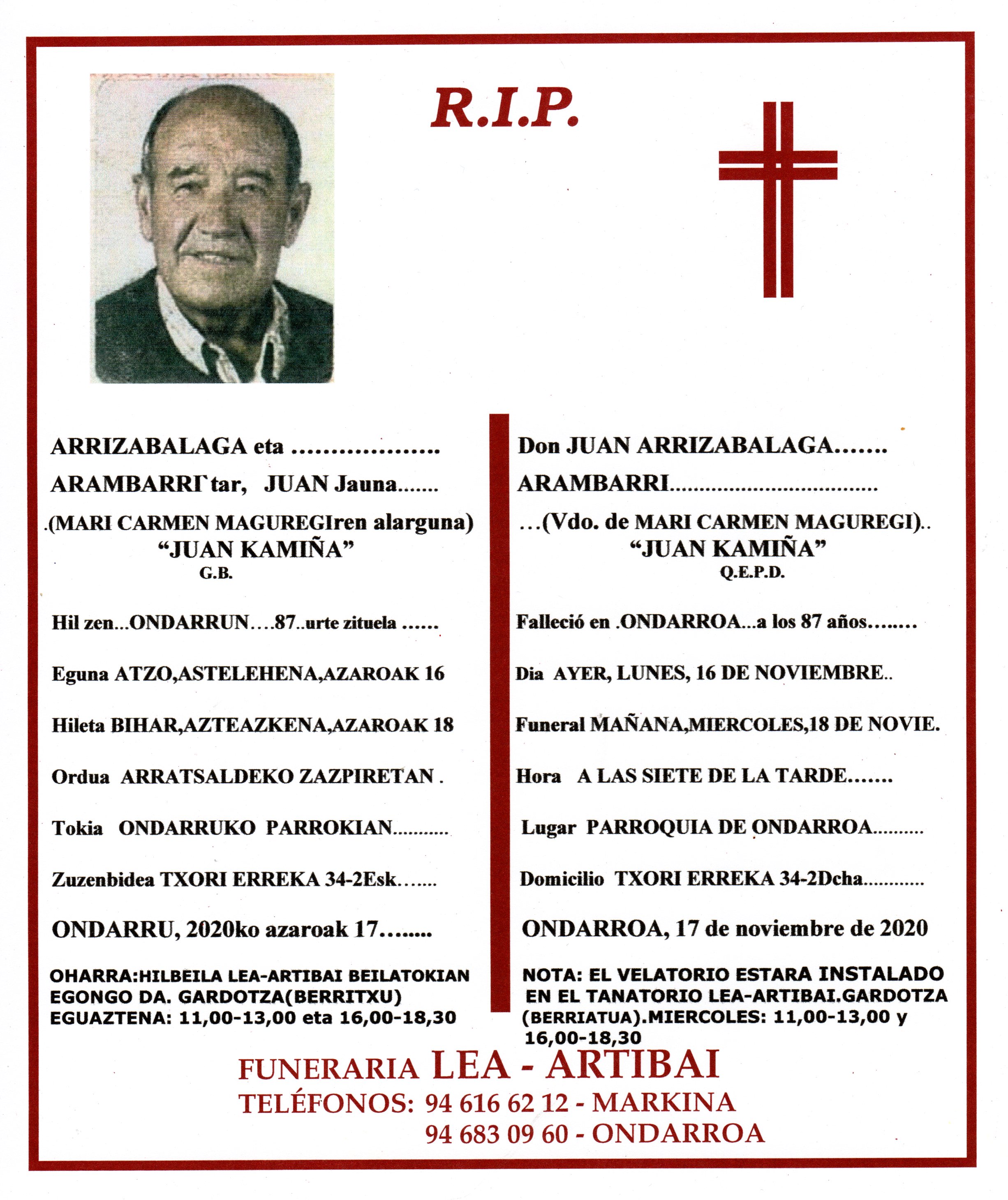 Esquela de Juan Arrizabalaga Arambarri