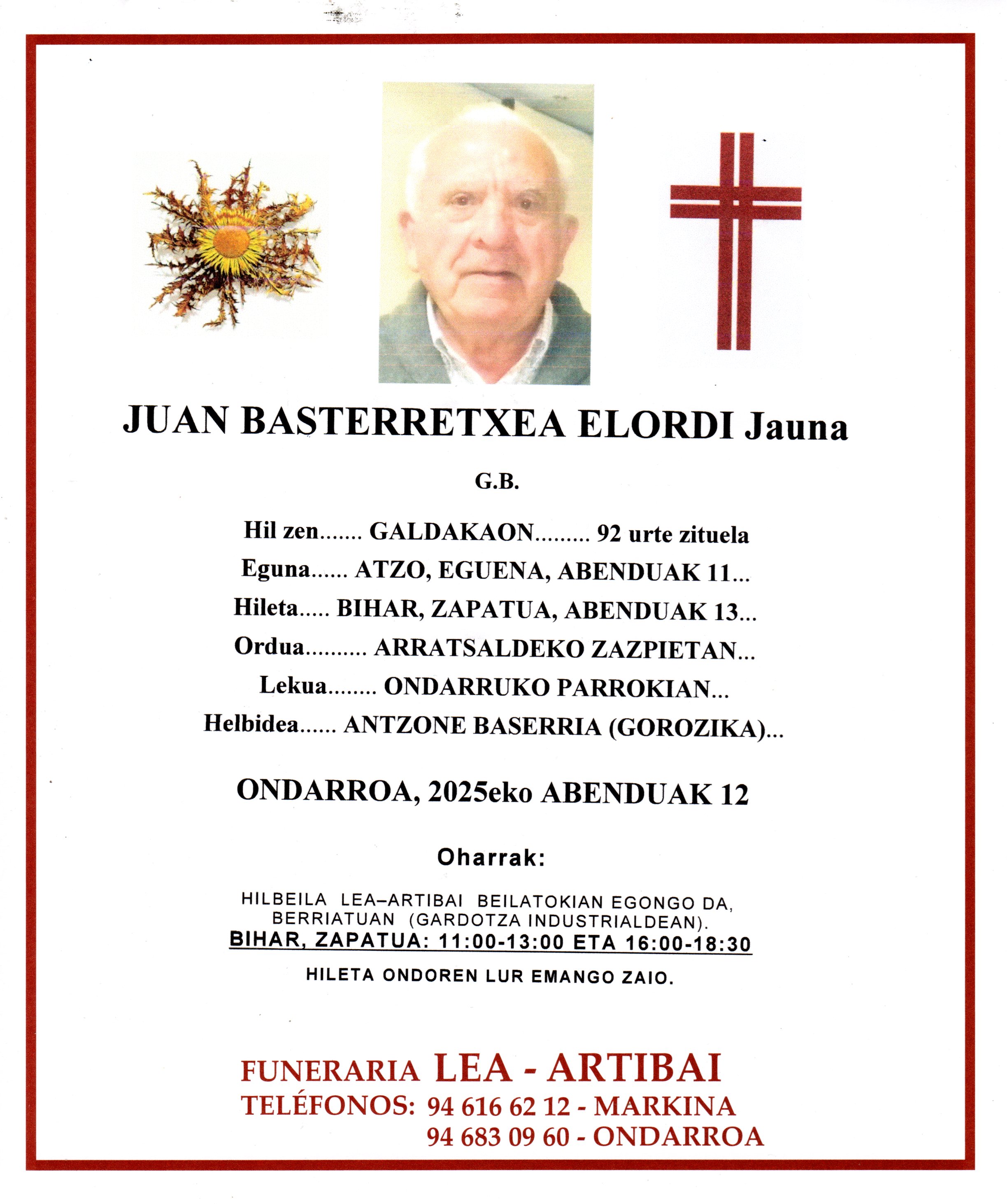 Esquela de Juan Basterretxea Elordi