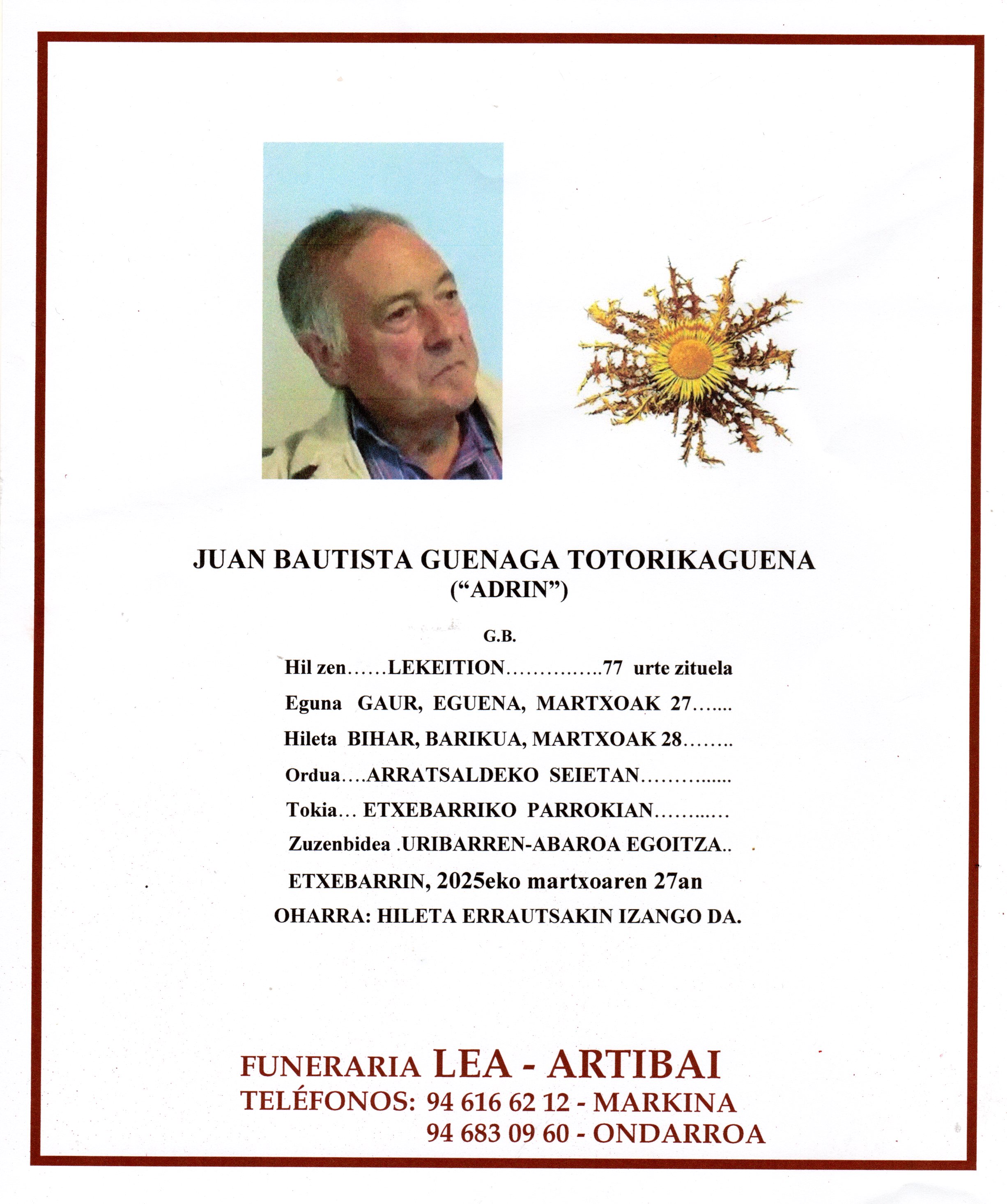 Esquela de Juan Bautista Guenaga Totorikaguena
