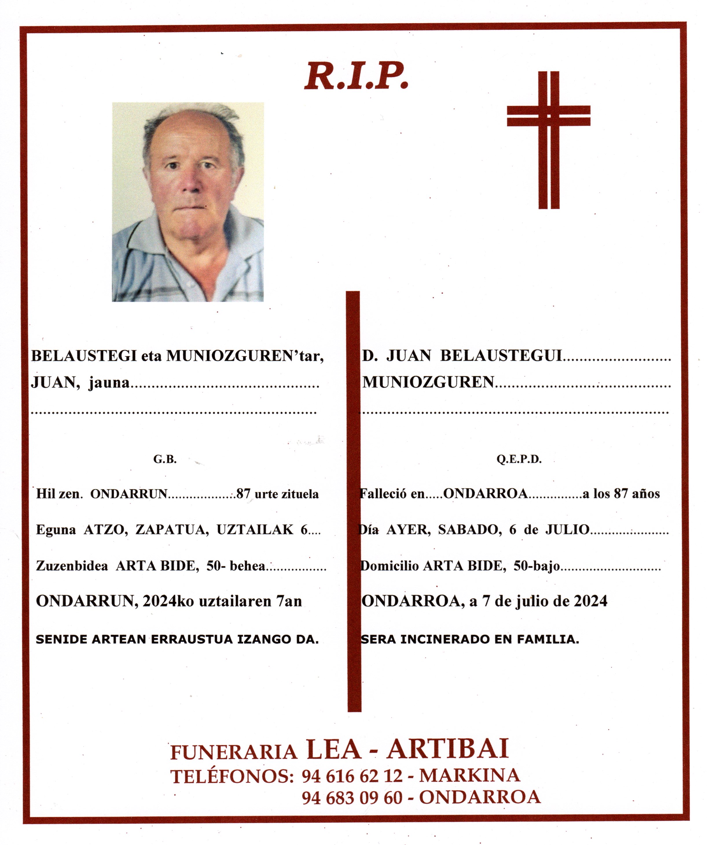 Esquela de Juan Belaustegi Muniozguren