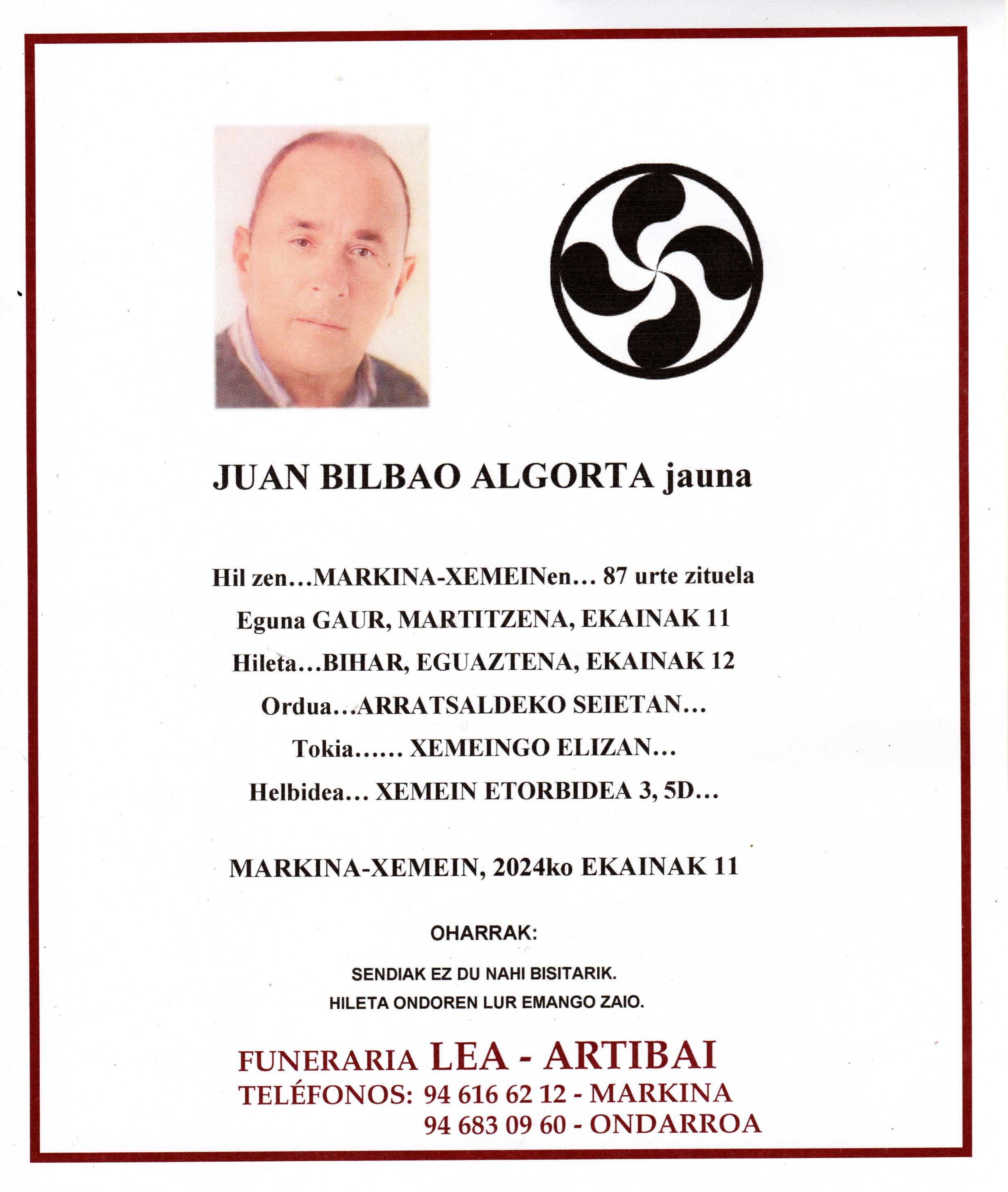 Esquela de Juan Bilbao Algorta
