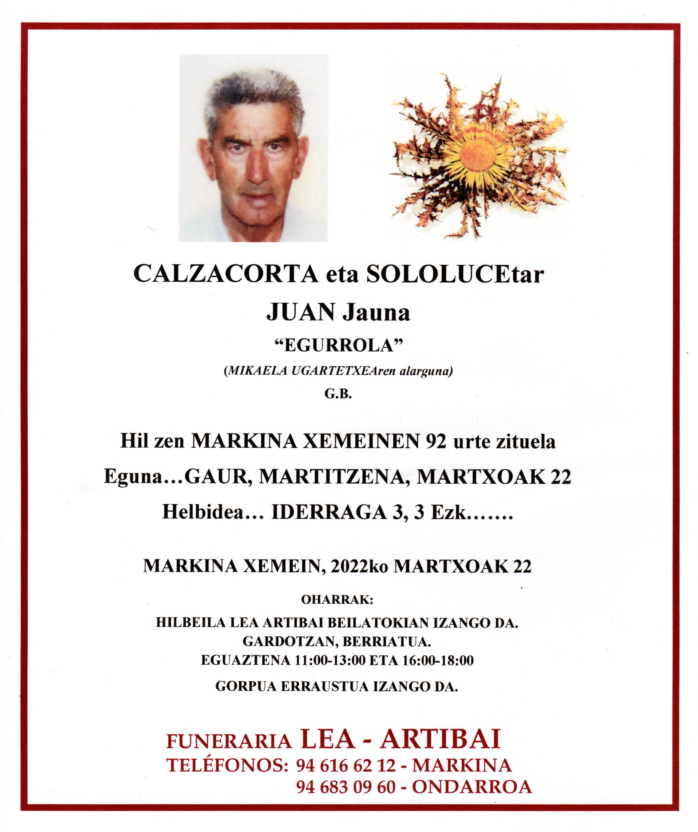 Esquela de Juan Calzacorta Sololuce