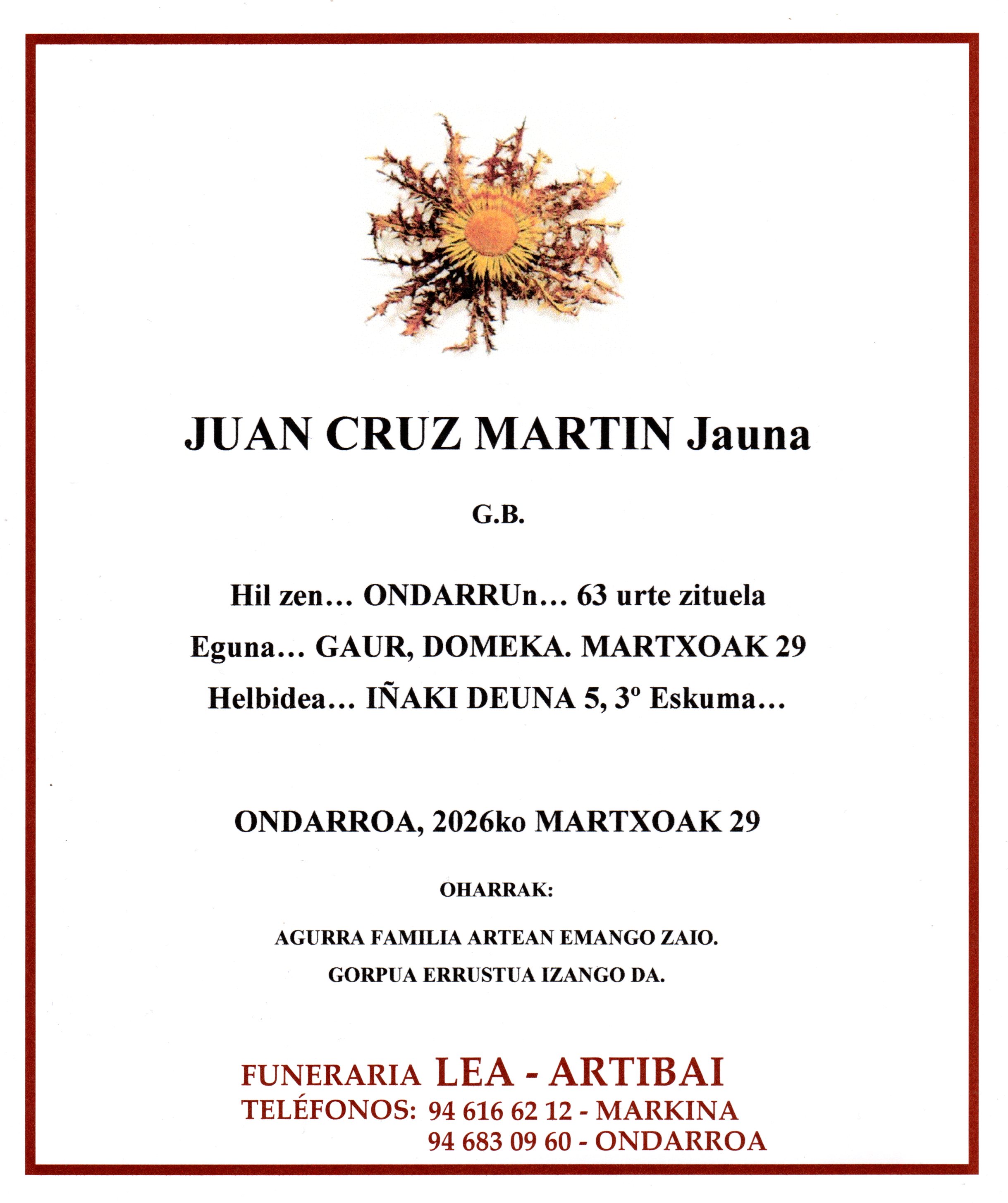 Esquela de Juan Cruz Martin