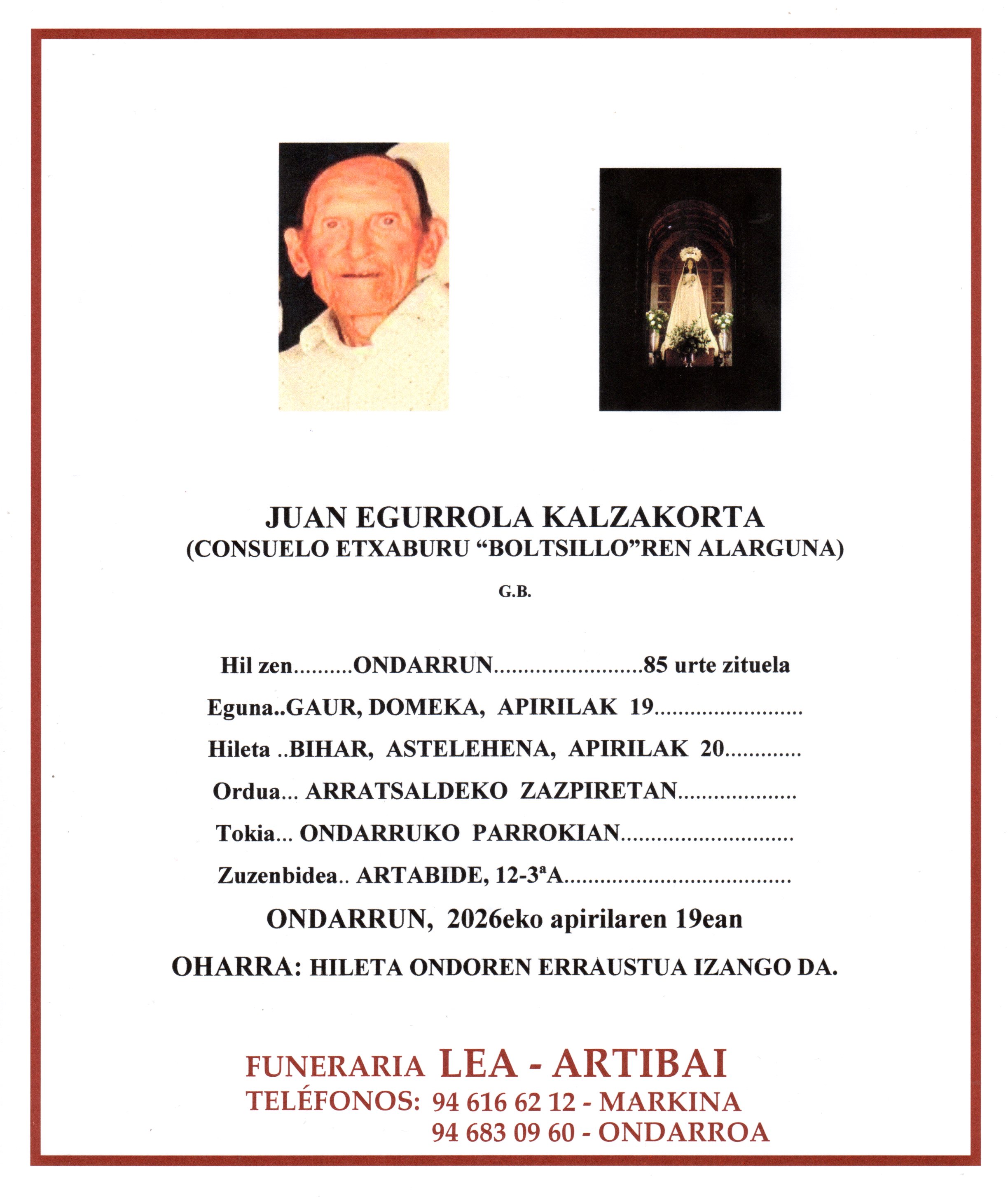 Esquela de Juan Egurrola Kalzakorta